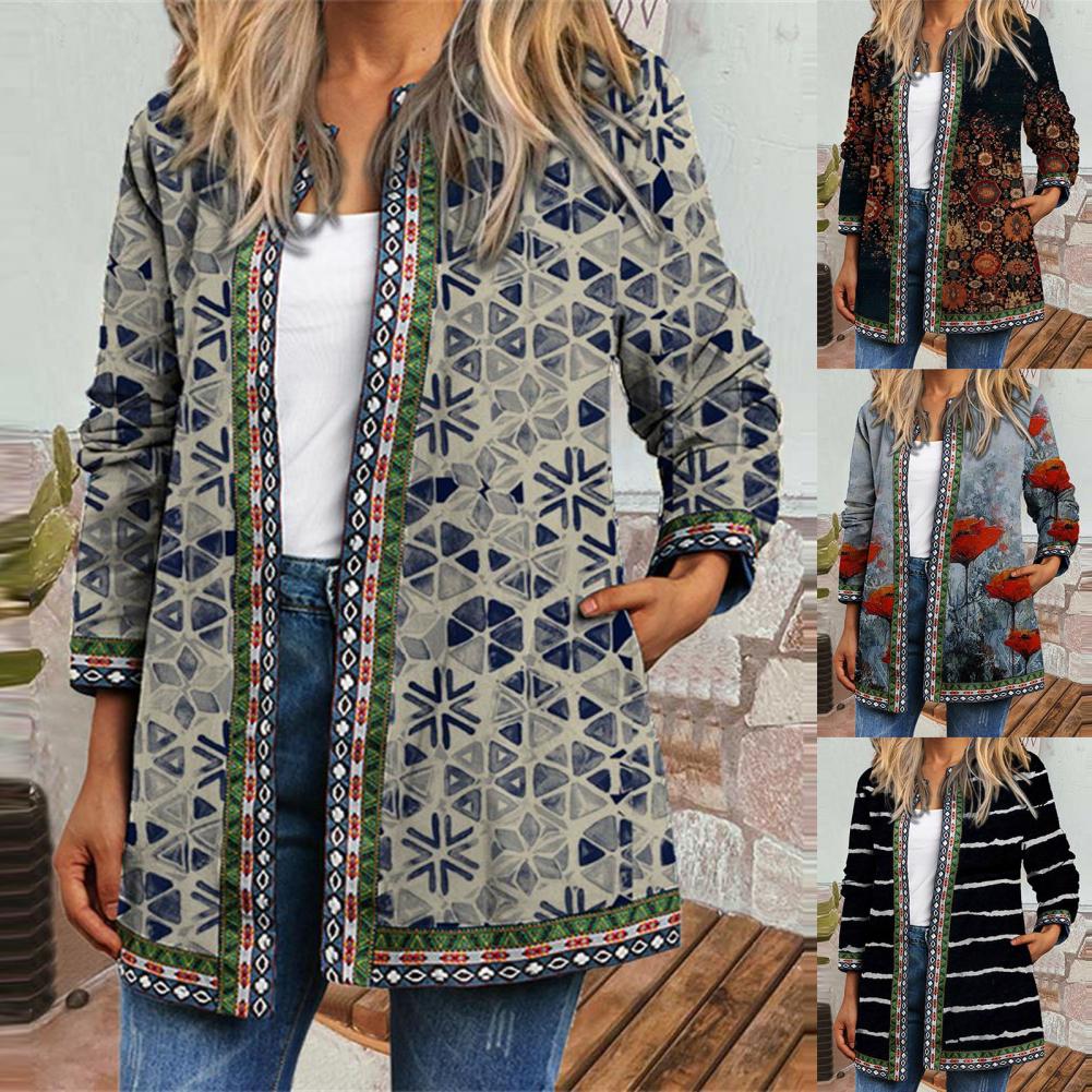 outono inverno cardigan feminino vintage étnico floral impresso manga longa túnica jaquetas senhoras outerwear solto chique casaco superior