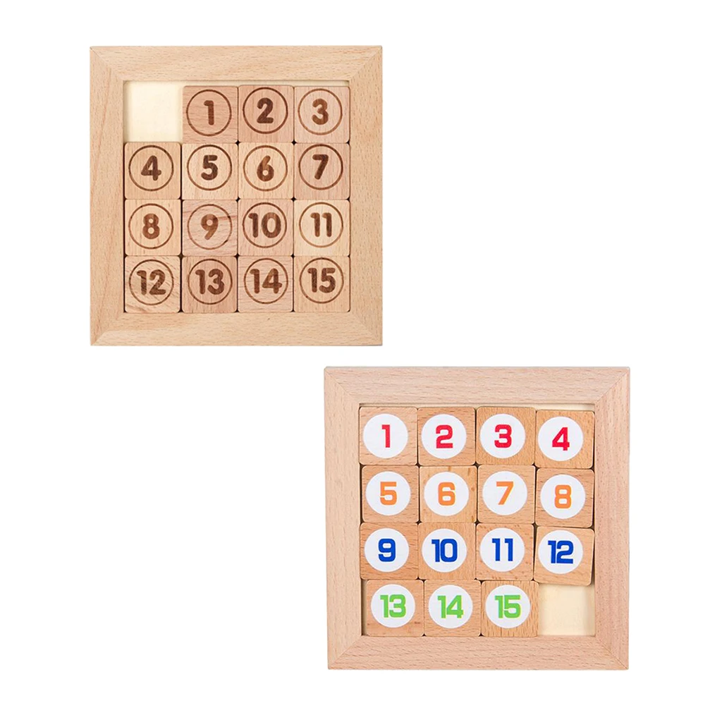 15 Sliding Tiles Puzzel Toy Math IQ Klotski Wooden for Adults Children