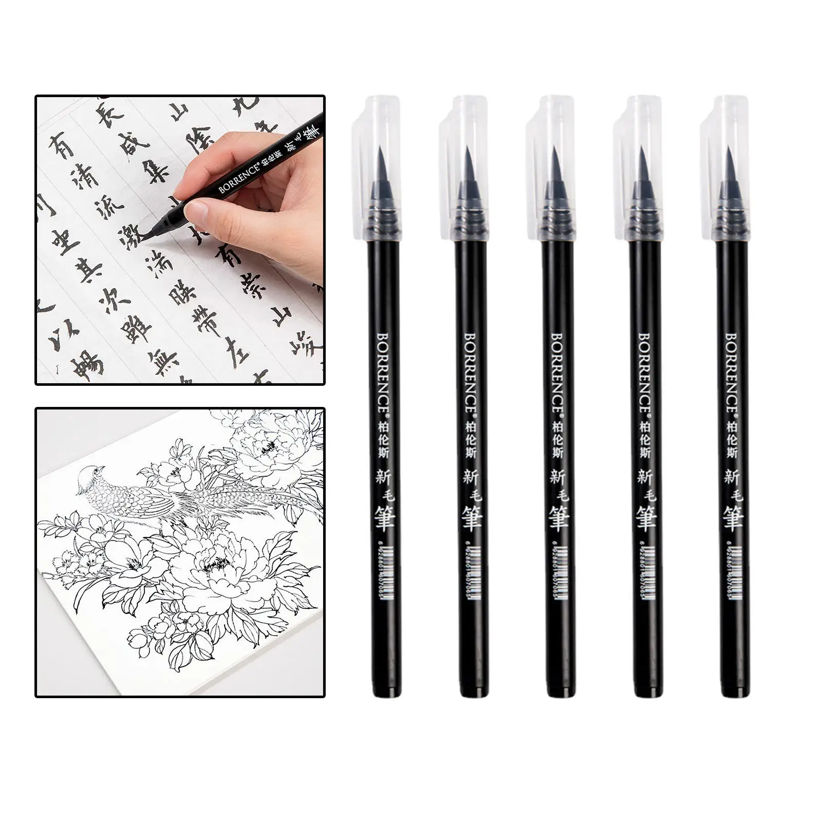 5Pcs Soft Brush Pen Black Waterproof Compact Plastic Shaft Synthetic Art Drawing Writing Lettering for Artist Painting Brush Set