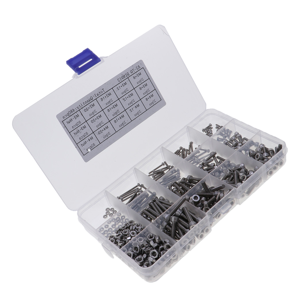 Prettyia 480pcs Tiny Screws & Nuts Hex Socket Head Bolts Kit Stainless Steel