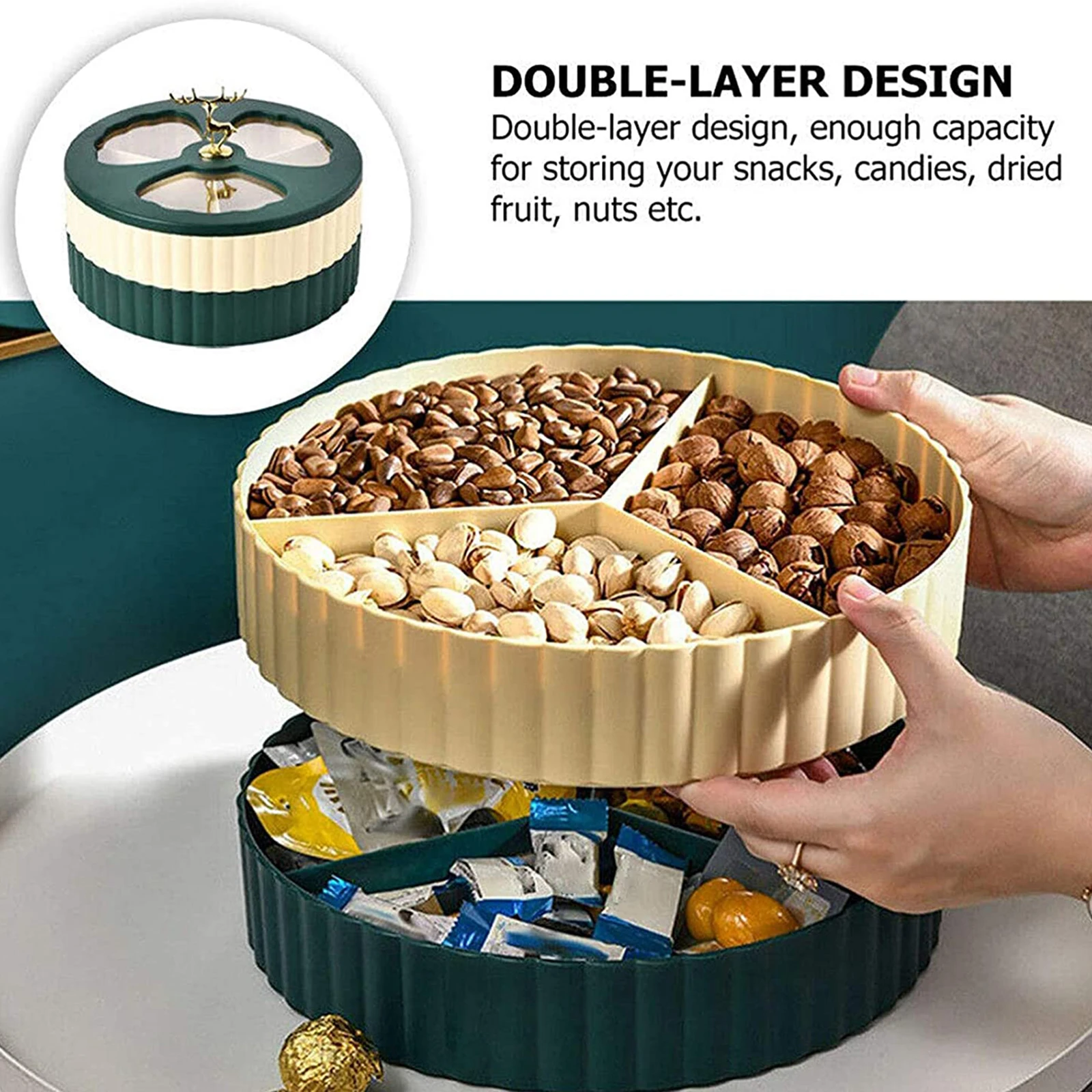 Cute Rotating Snack Serving Tray 3 Compartments Candy Nut Fruits Storage Box