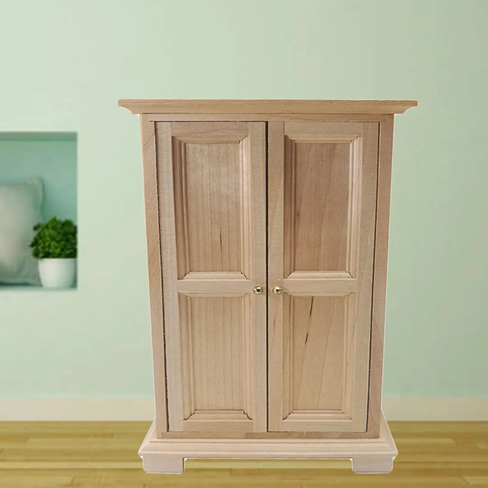 1:12 Miniature Dollhouse Wooden Wardrobe Vintage Double Door Closet for Landscape Home Bedroom
