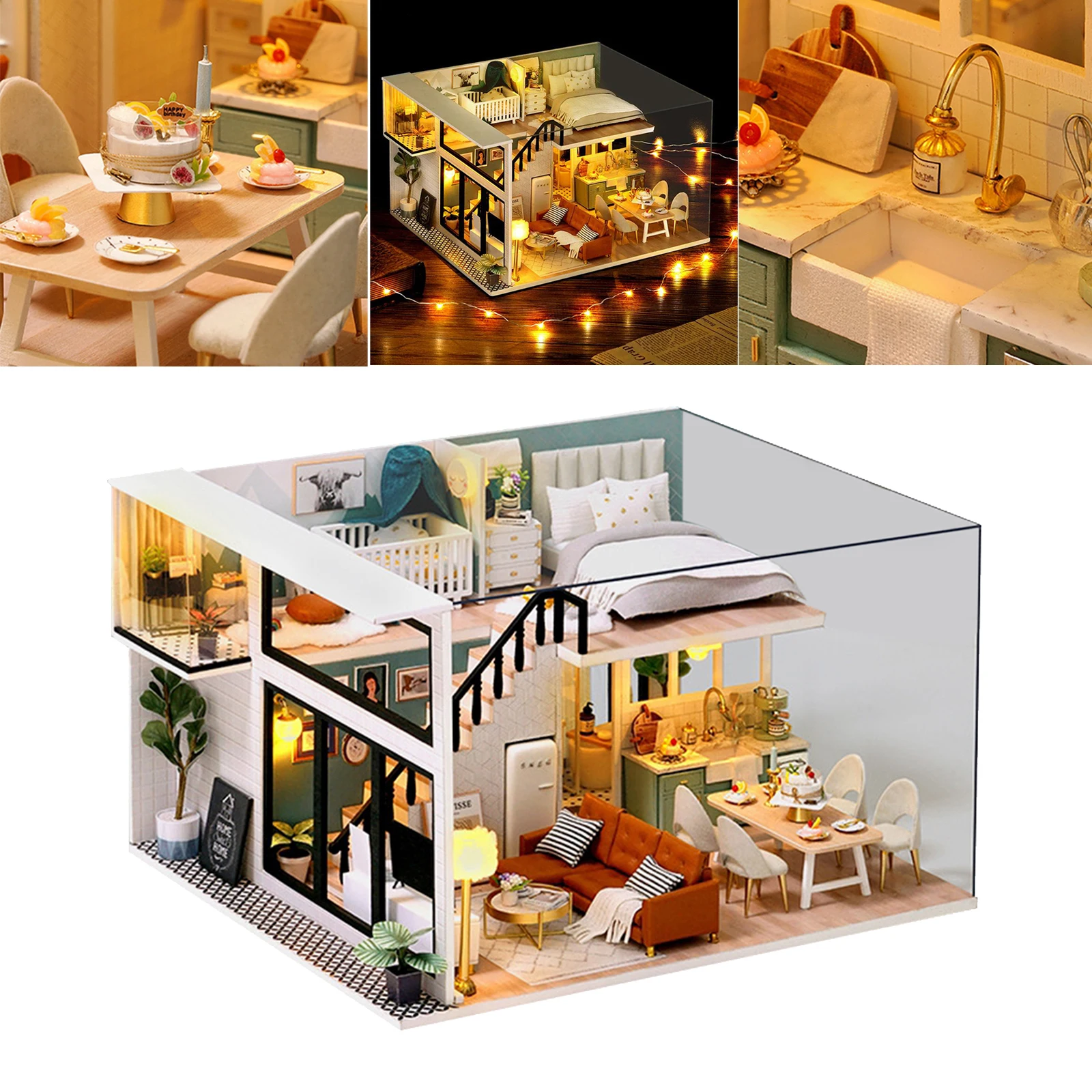 DIY Dollhouse Kit with Furniture, Lights, and Ornaments Plants 1:24 Scale Wooden