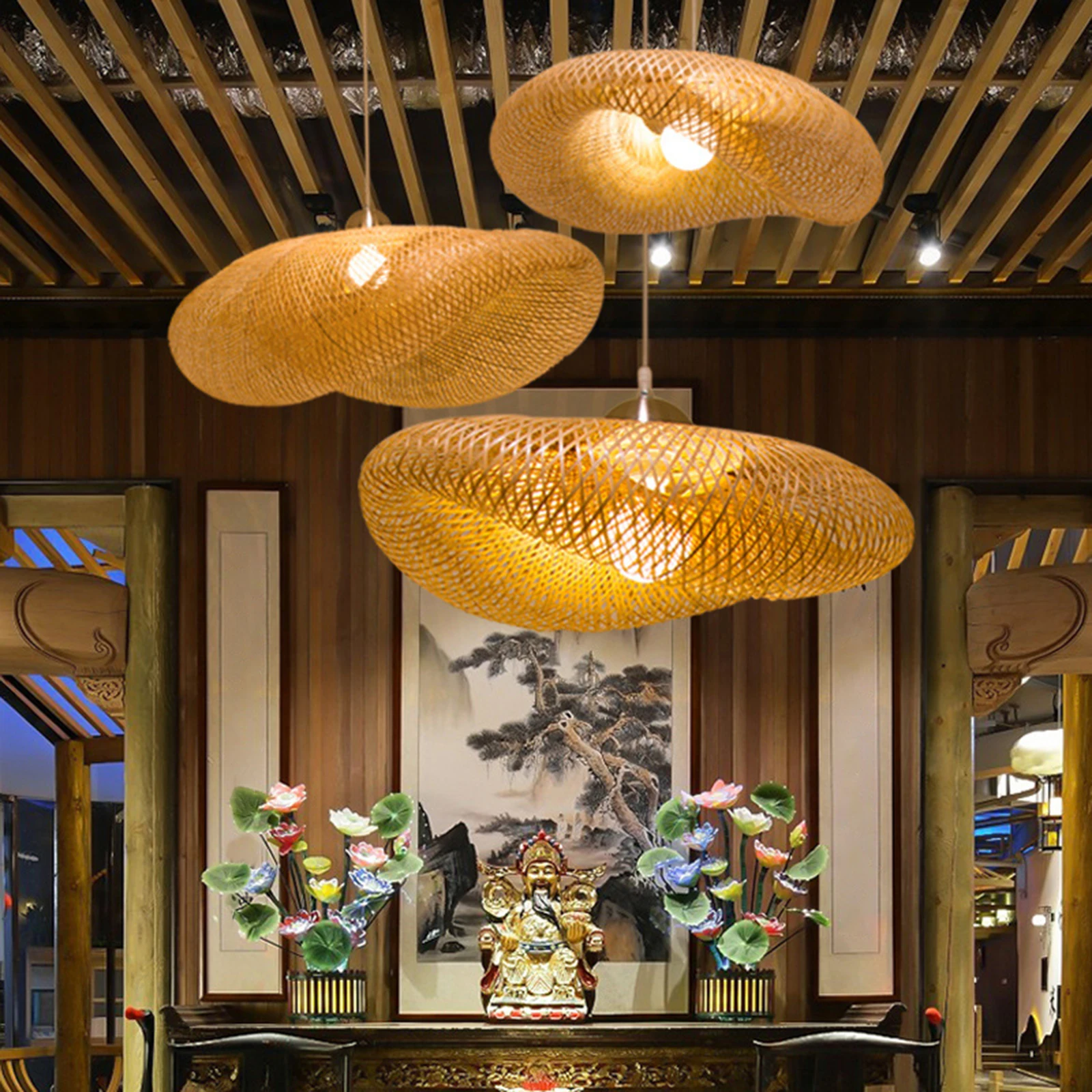 Creative Retro Bamboo Weaving Chandelier Pendant Light Lamp Hanging LED Droplight for Cafe Bar Living Room Bedroom Decoration