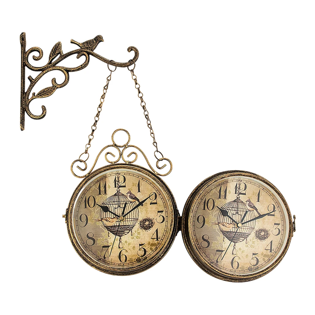 Double Sided Wall Clocks, Battery Powered Metal Vintage Style Clock Antique Circle Station Wall 2- Side Hanging Clock Wall Home
