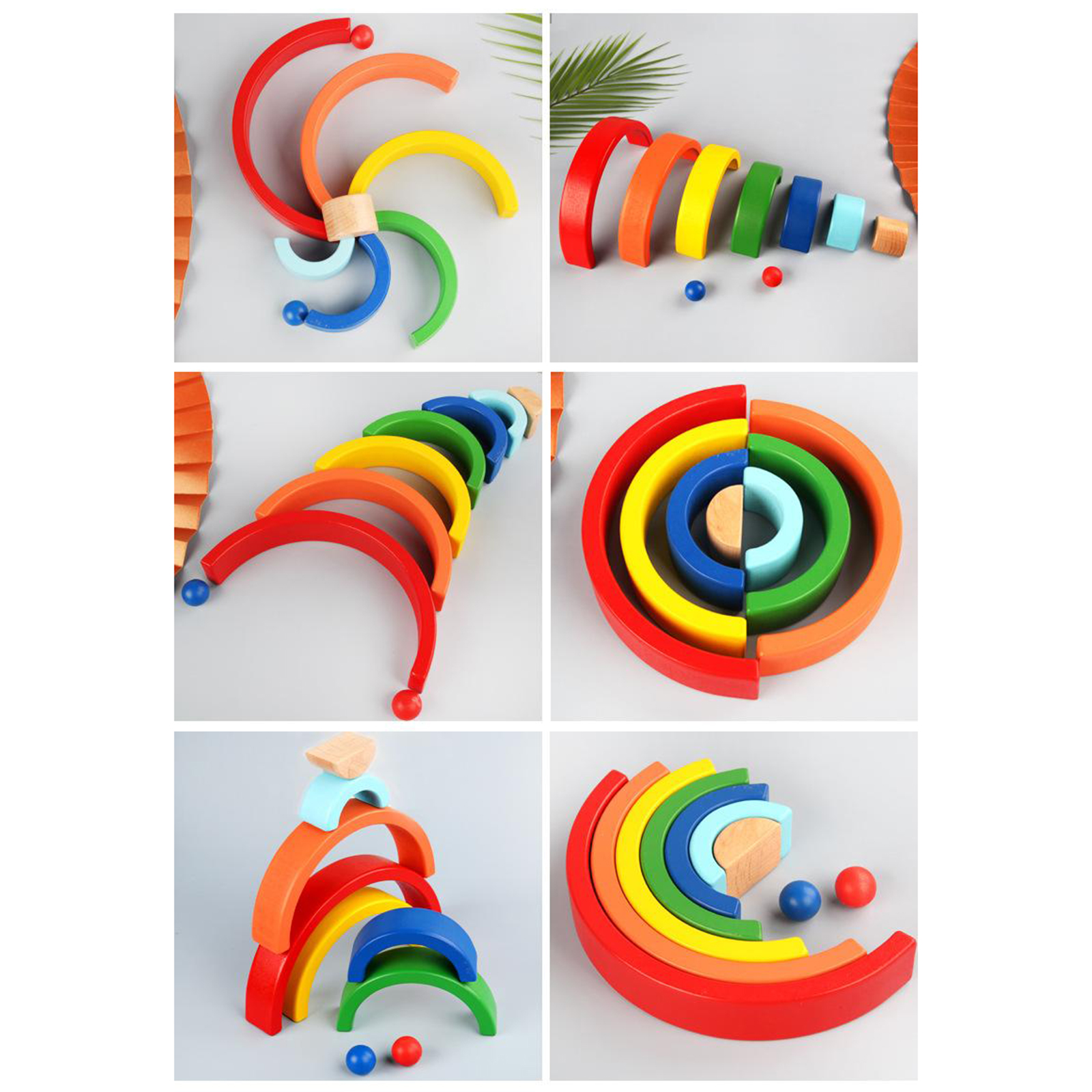 Rainbow Stacking Toys Wood Stacker Colorful Building Blocks Nesting Puzzles Set
