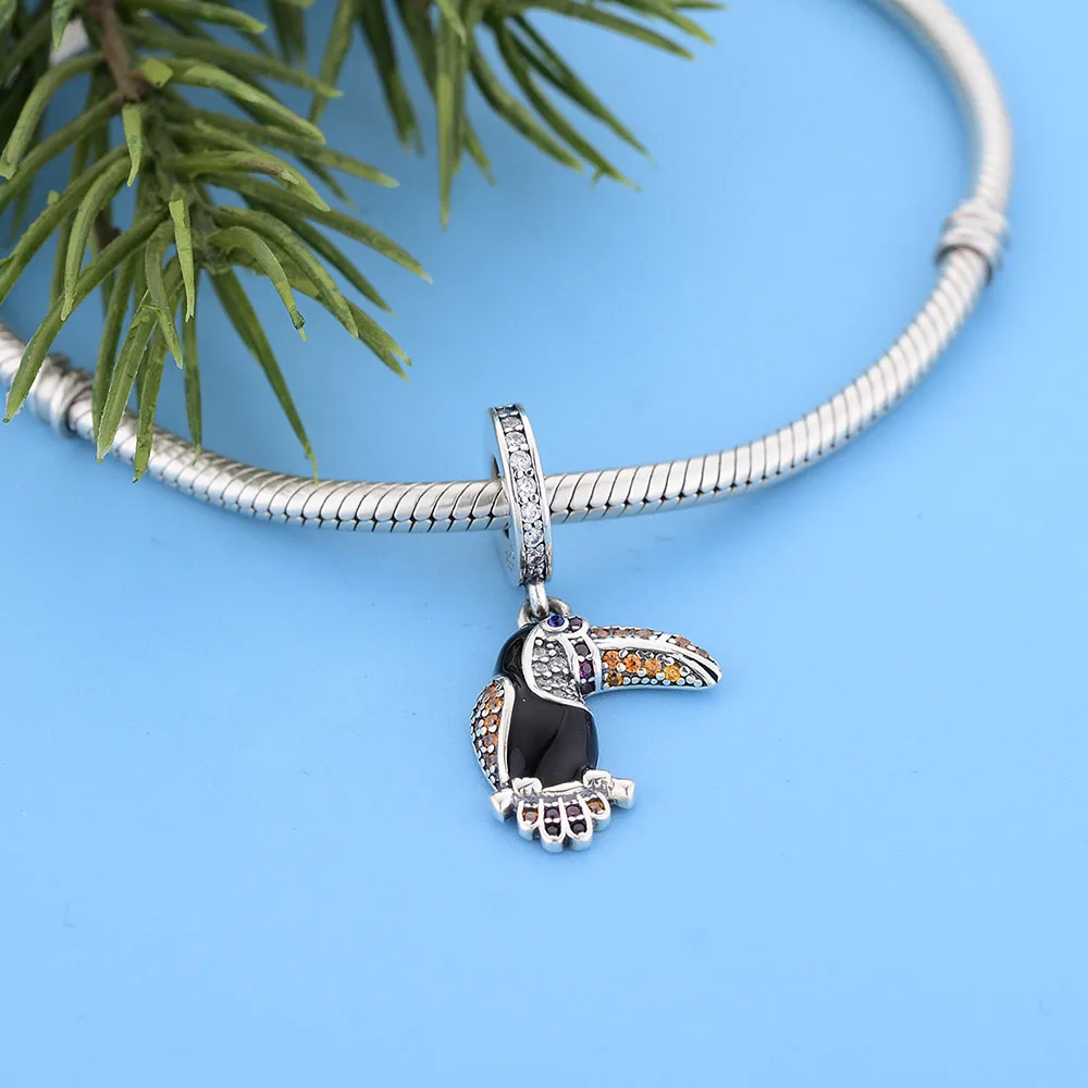 FC Jewelry Fit Original Charm Bracelet 925 Silver Color Zircon Tropical Woodpecker Toucan Bead For Making Women Berloque 2021 gold earrings
