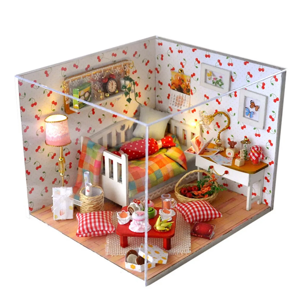 Wood Miniature Doll House with Furniture Dustproof Cover Fantasy Toy Birthday Gift for Kids 10+ Years Old