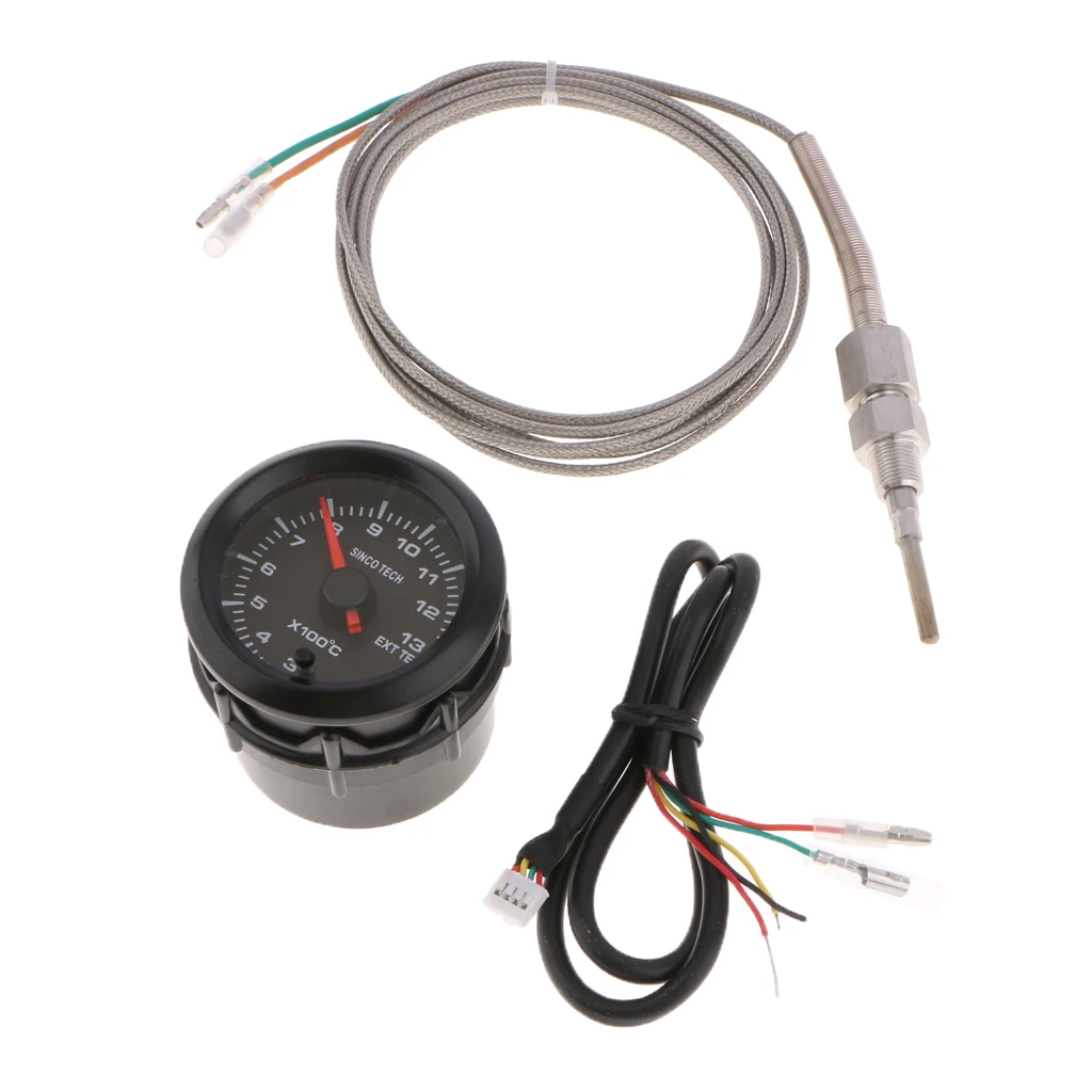 2`52mm 7 Color LED Car Exhaust Gas Temp Gauge EXT Temp Meter EGT With Sensor Blue Digital Voltage Display and Warning Function