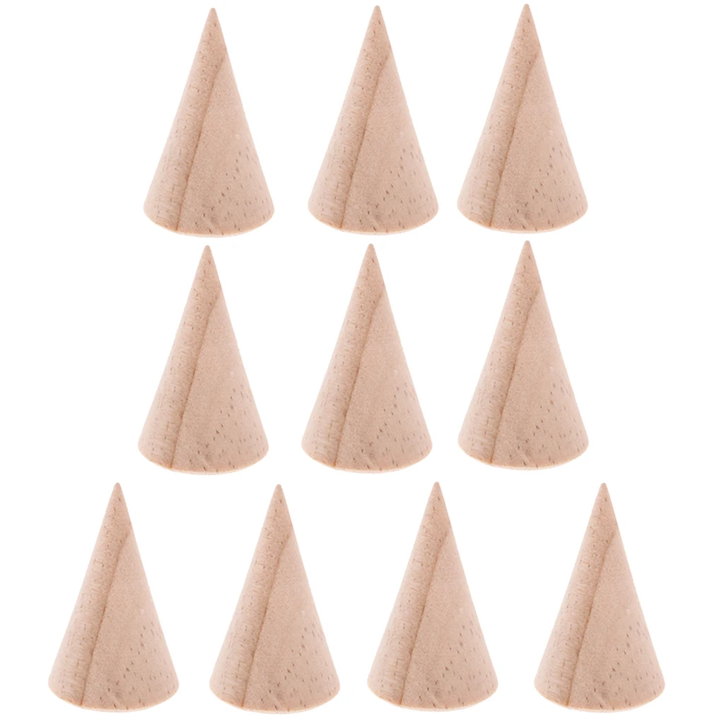 Prettyia 9pcs Unpainted Unfinished Cone Natural Wood Ring Jewelry Display Stand 