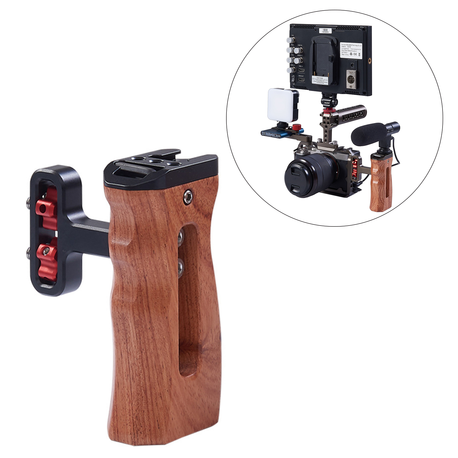 Universal Wood Handle Grip Mount for DV Video Cage Rig w/Cold Shoe 1/4” Thread holes , switch from the left to right quickly.