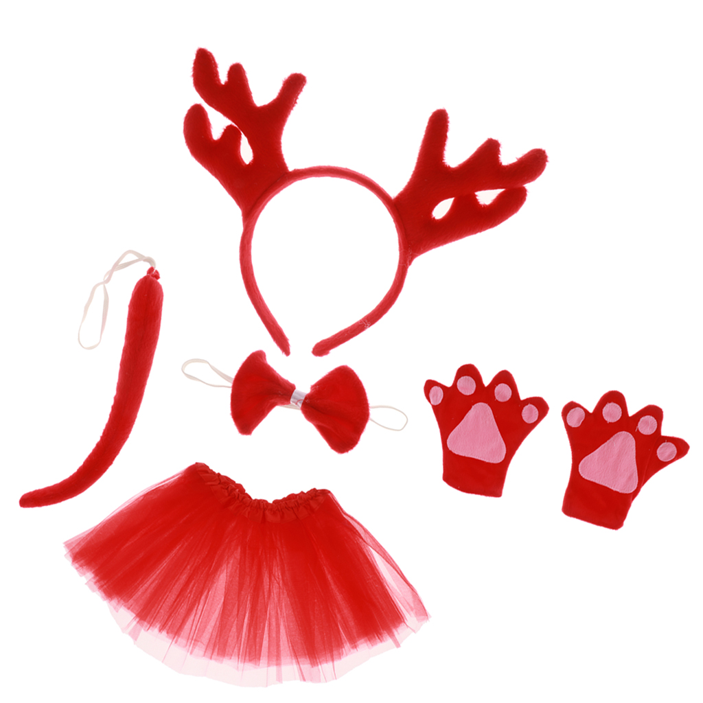 Pack of 5 Reindeer Headband Bow Tie Tail Gloves Tutu Skirt Animal Cosplay Fancy Dress