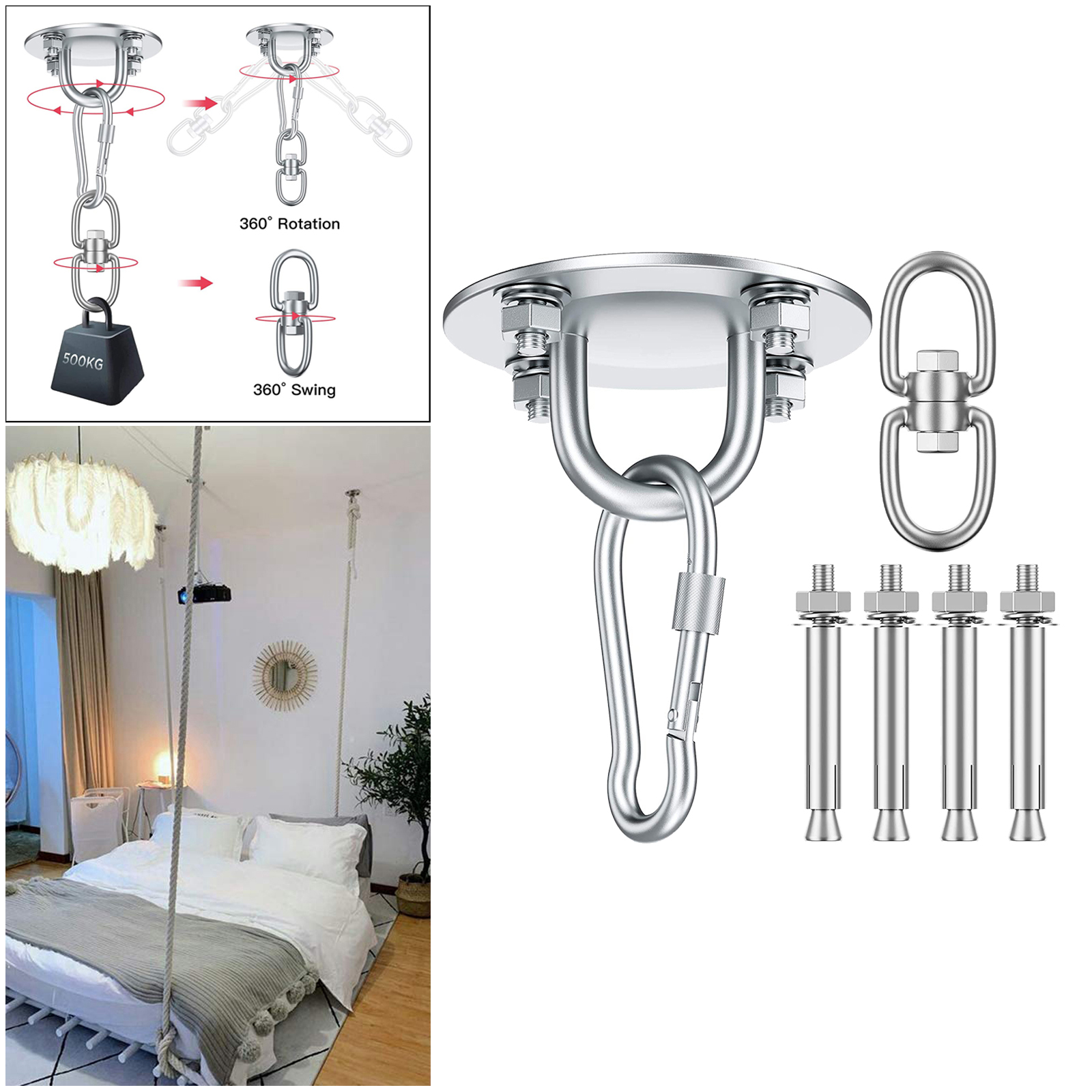 Hammock Chair Ultimate Hanging Kit-Concrete Ceiling and Wooden Beam Hook Heavy Duty Hanger & Swivel Hook Snap