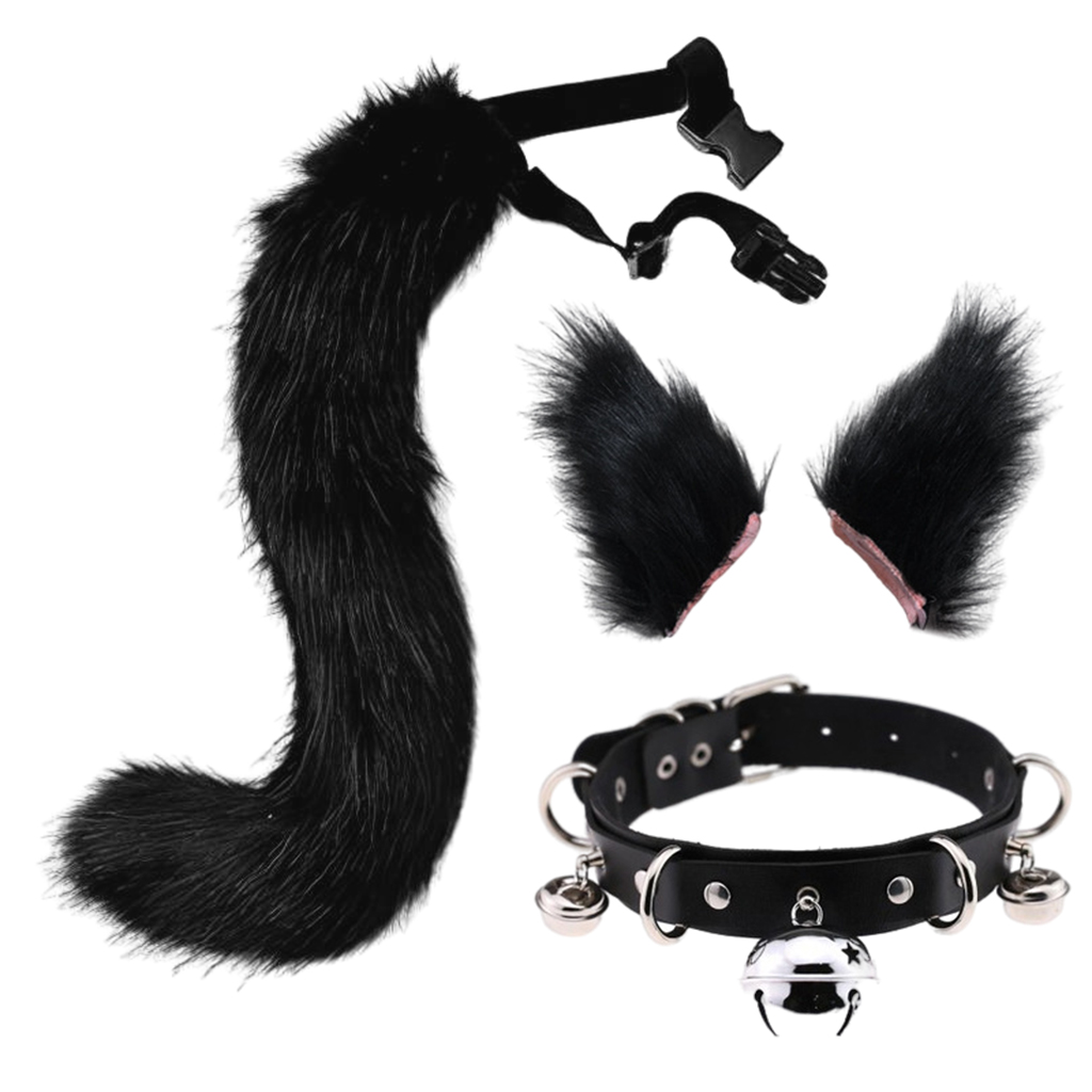 Faux Fur Cat Ears Hair Clip Furry Wolf Fox Tail Halloween Bell Leather Neck Chocker Cosplay Set