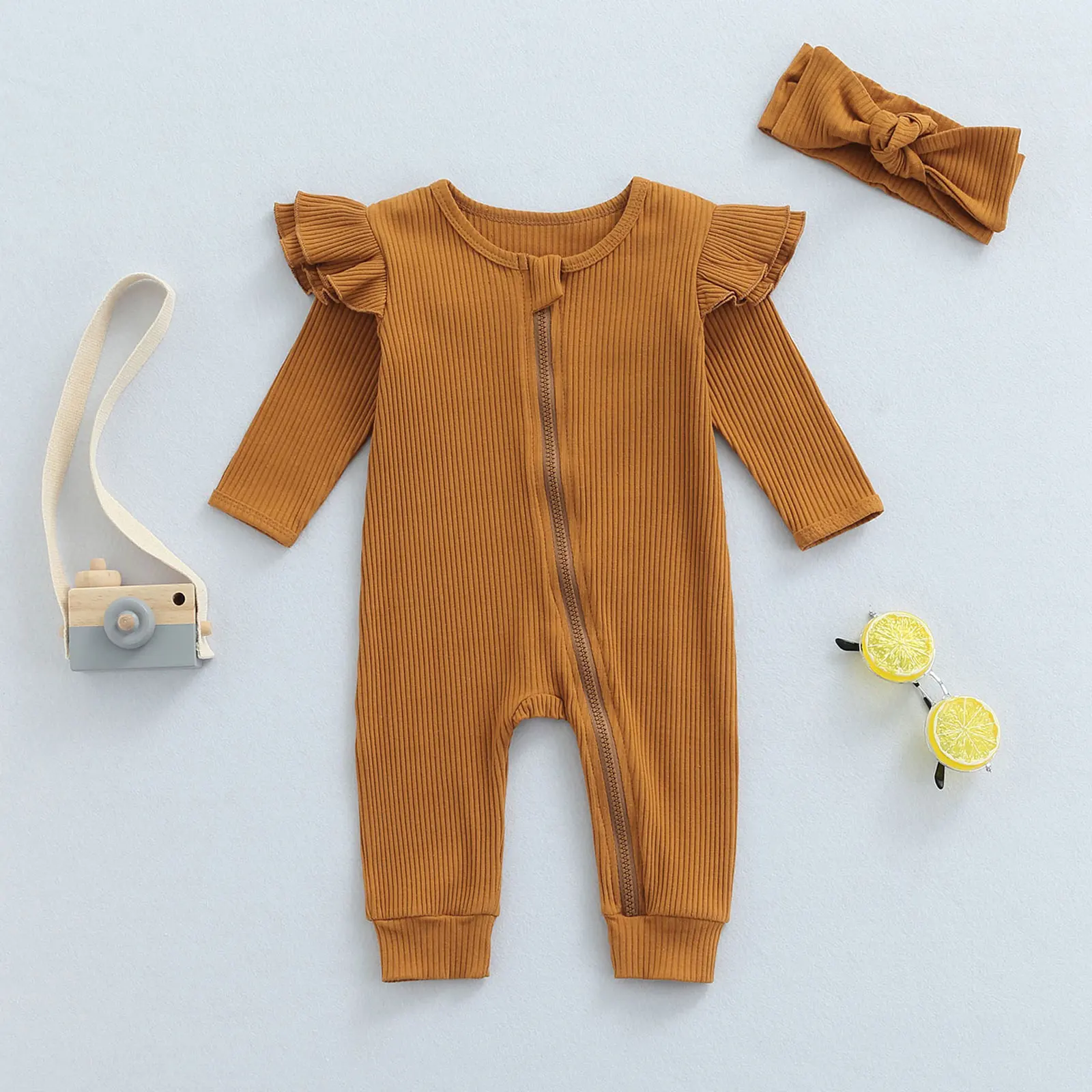 0-18M Newborn Infant Baby Girl Romper Long Sleeve Round Neck Slant Zipper Ruffle Solid Color Knitting Fall Jumpsuit cool baby bodysuits	