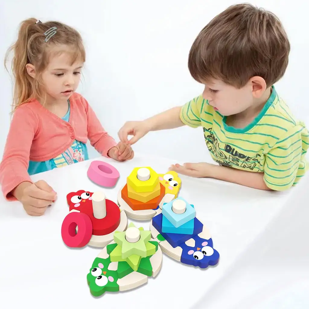 Wooden Shape-sorting Stacking Toys Building Colorful Blocks Hand-Eye Coordination Learning Developmental Toys