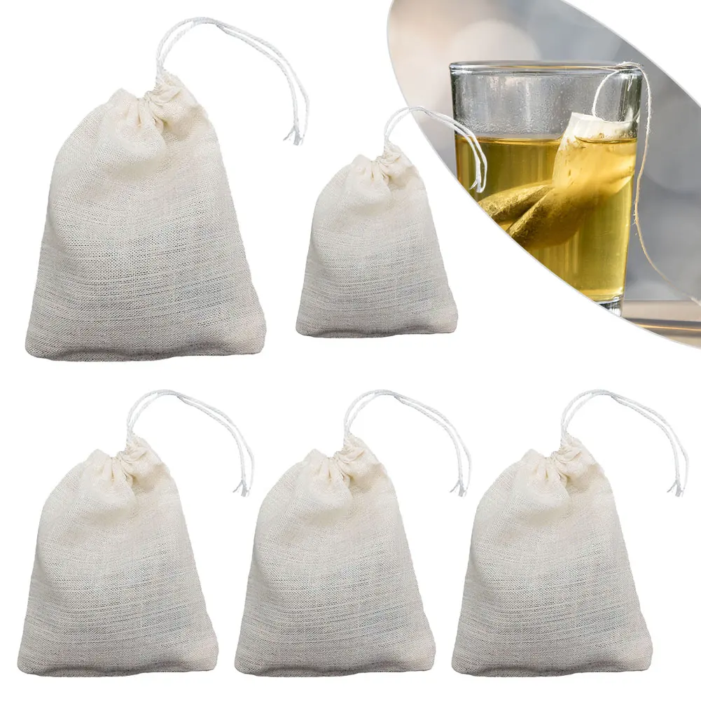 50pcs Kitchen Tea Filter Bags Accessories Cotton Cloth Safe With Drawstring Heal Seal Herb Home Office Travel Reusable Washable