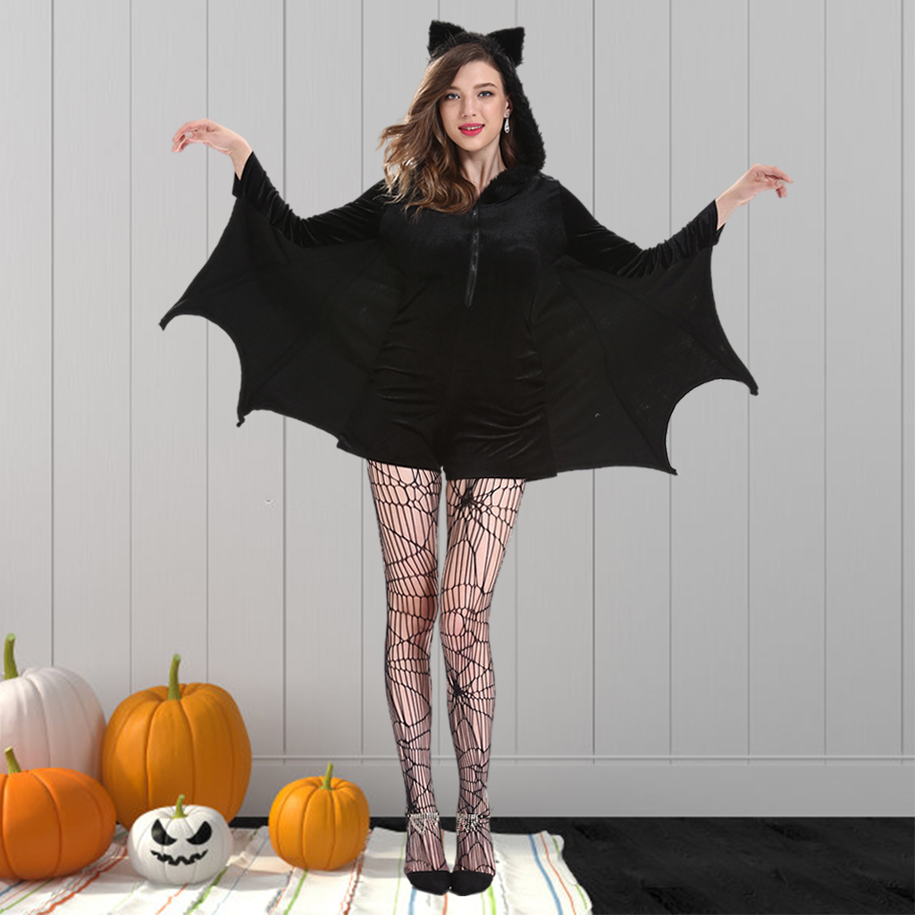 Black Bat Cosplay Costume Masquerade Woman Black Evil Horror Hooded Bat Sleeve Cosplay Halloween Costumes