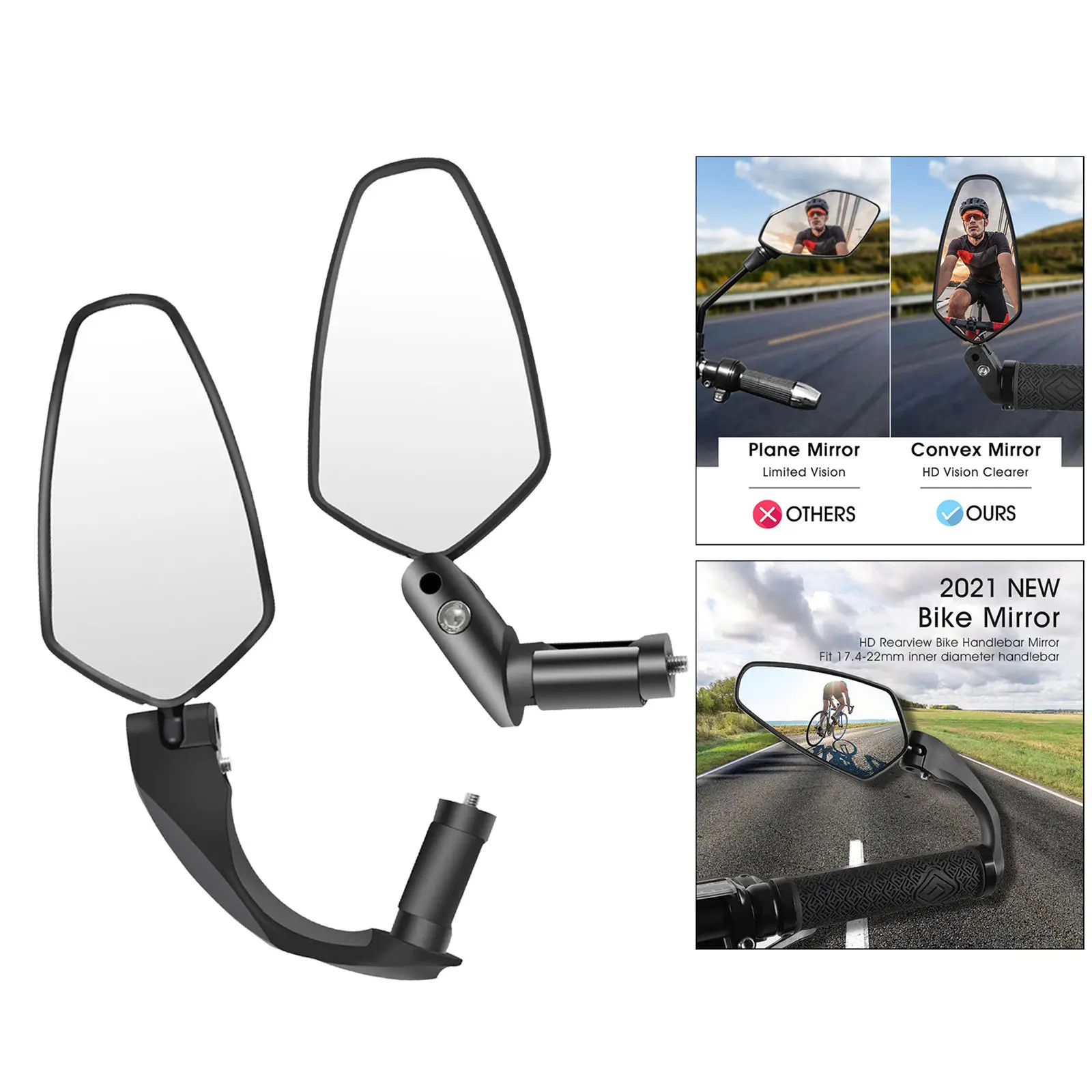 Bicycle Rearview Mirror 360 Wide-angle Convex Plane Handlebar Mounting w/ Light 