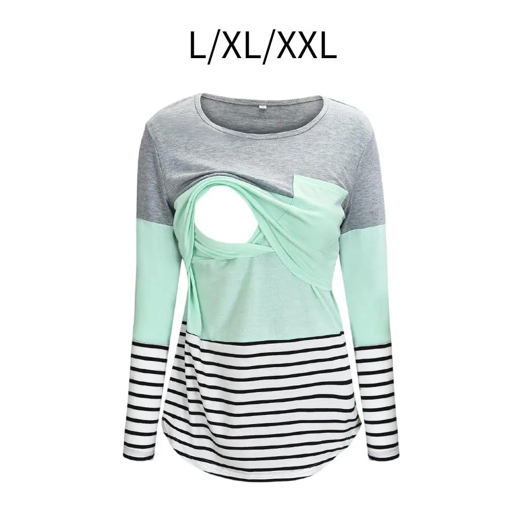 Womens Maternity T-Shirt Lift-up Striped Round Neck Long Sleeve Cotton Layered Design Pregnancy Clothes Nursing Tops