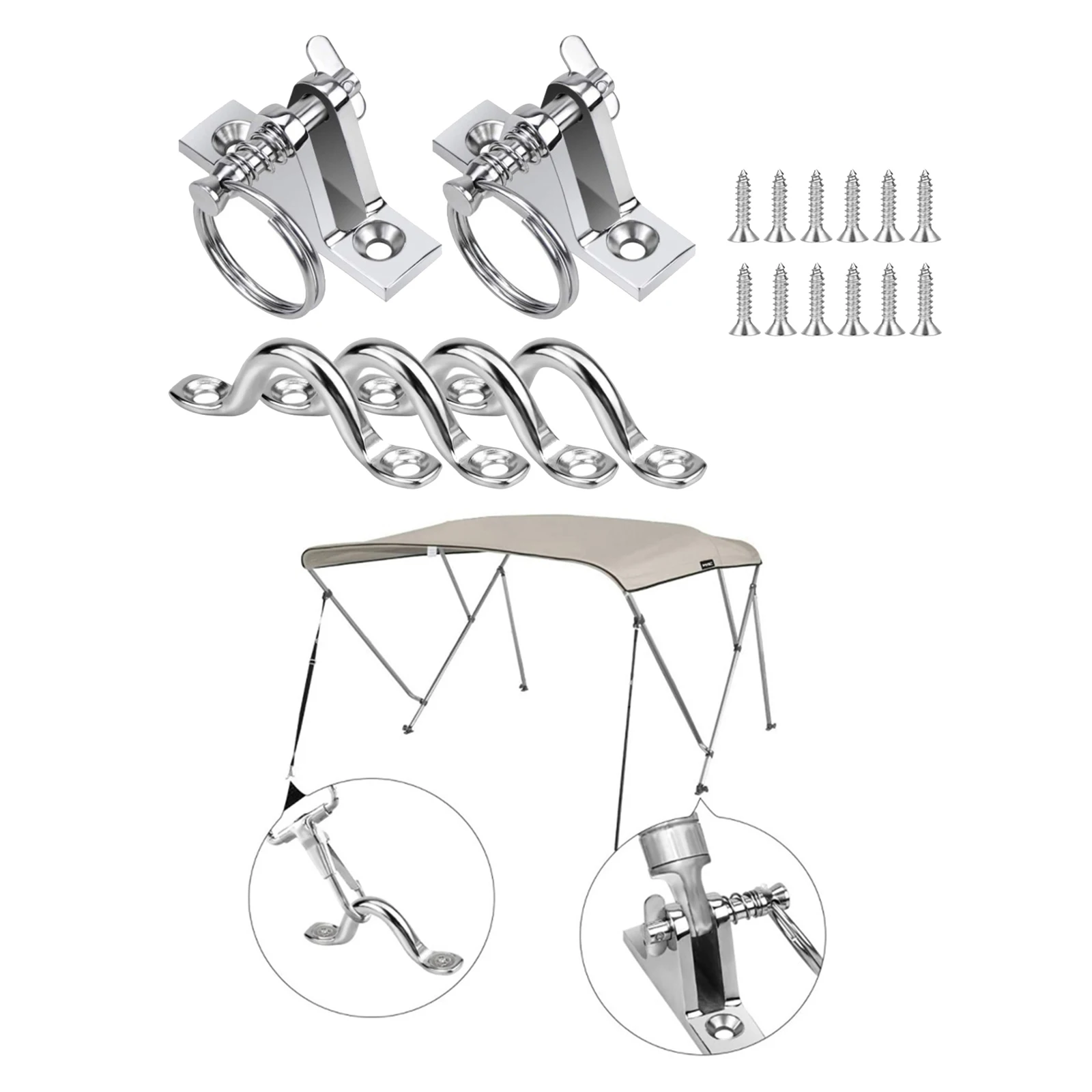 Marine 316 Stainless Steel Bimini Boat Top 90 Deck Hinge Mount w/4Pcs 3/8 Inch Pad Eye Straps Quick Release Pin Kayak Sets