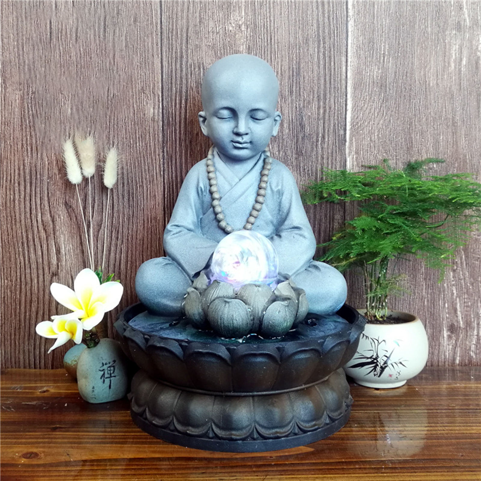 Resin Water Fountain Decoration Small Monk Waterfall View Peaceful Lifelike for Home Office Art Sculpture Decor Indoor Fountain