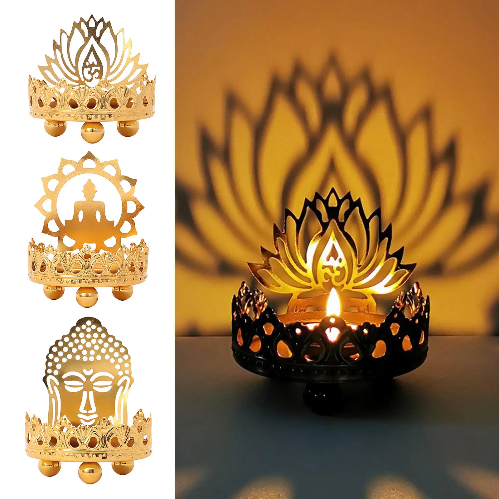 Alloy Hollow Carved Tealight Candle Holder Buddha Ghee Lamp Holder Candlestick Shadow Home Decoration Buddhist Supplies Gift
