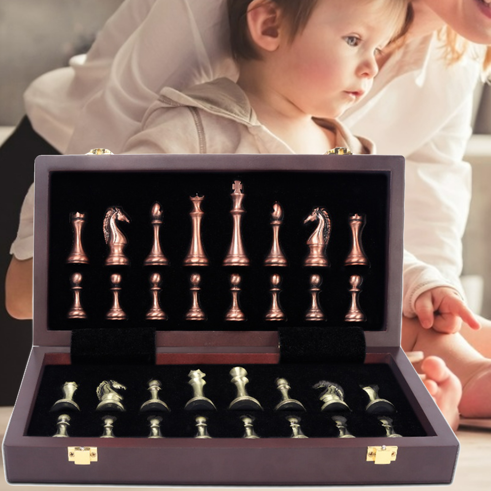 Metal Chess Set Game High-end Queens Wood Chessboard International Chess for Adult Kids Professional Players