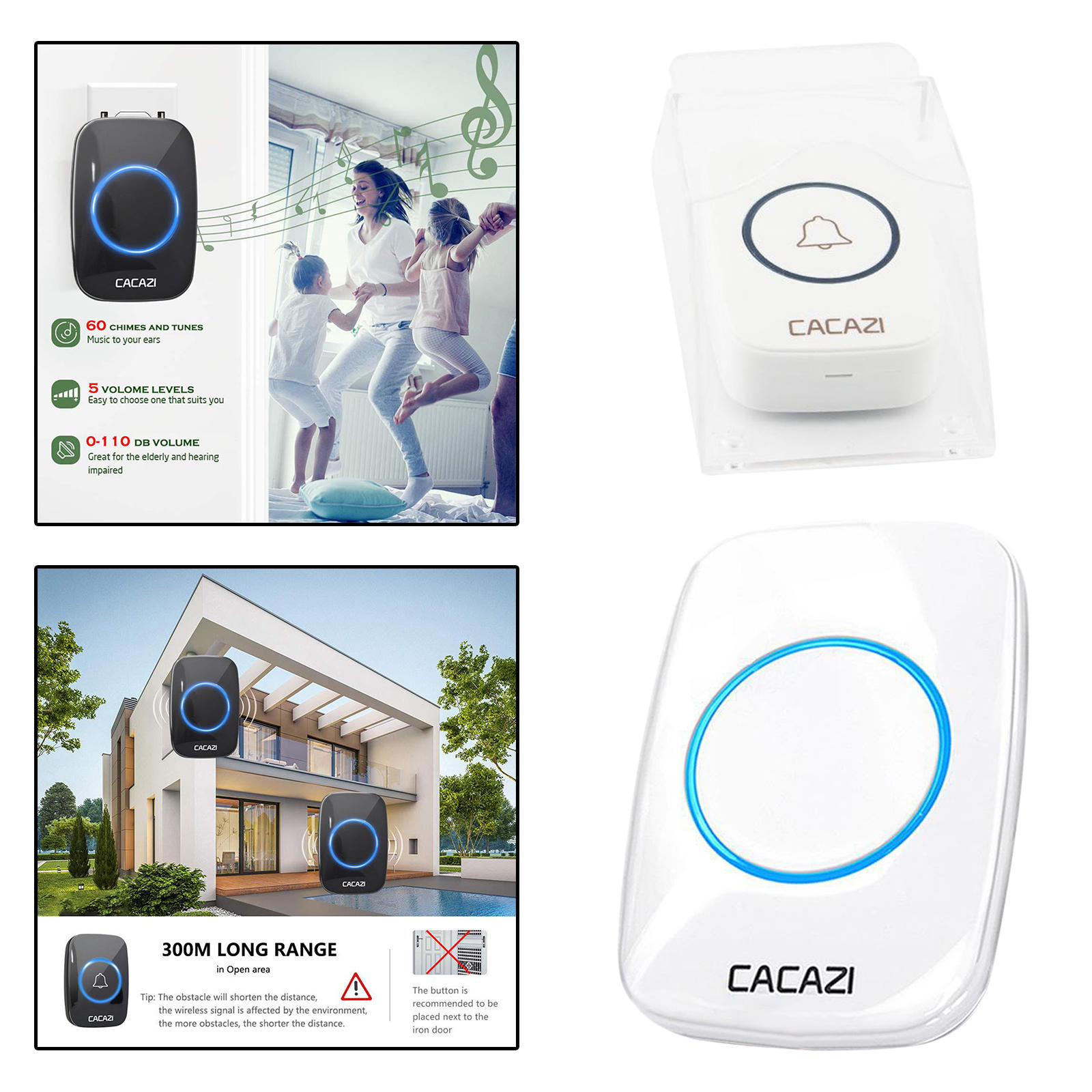 Wireless Doorbell, A10 Waterproof Door Chime Kit with, 5 Volume Levels 60 Chimes 300M Range for Home Office Apartments UK plug