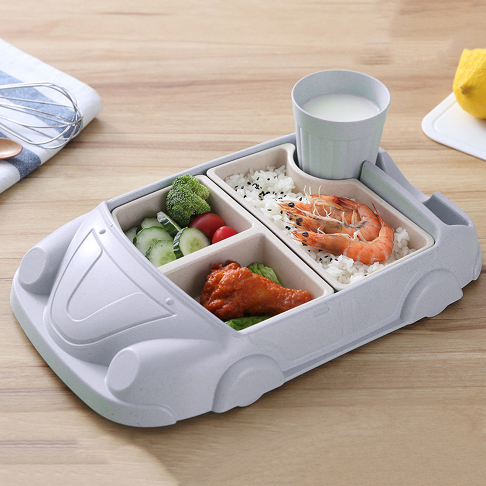 Cartoon Car-Shaped Bamboo Dinner Meal Set 4 Piece Set Divided Plate Children