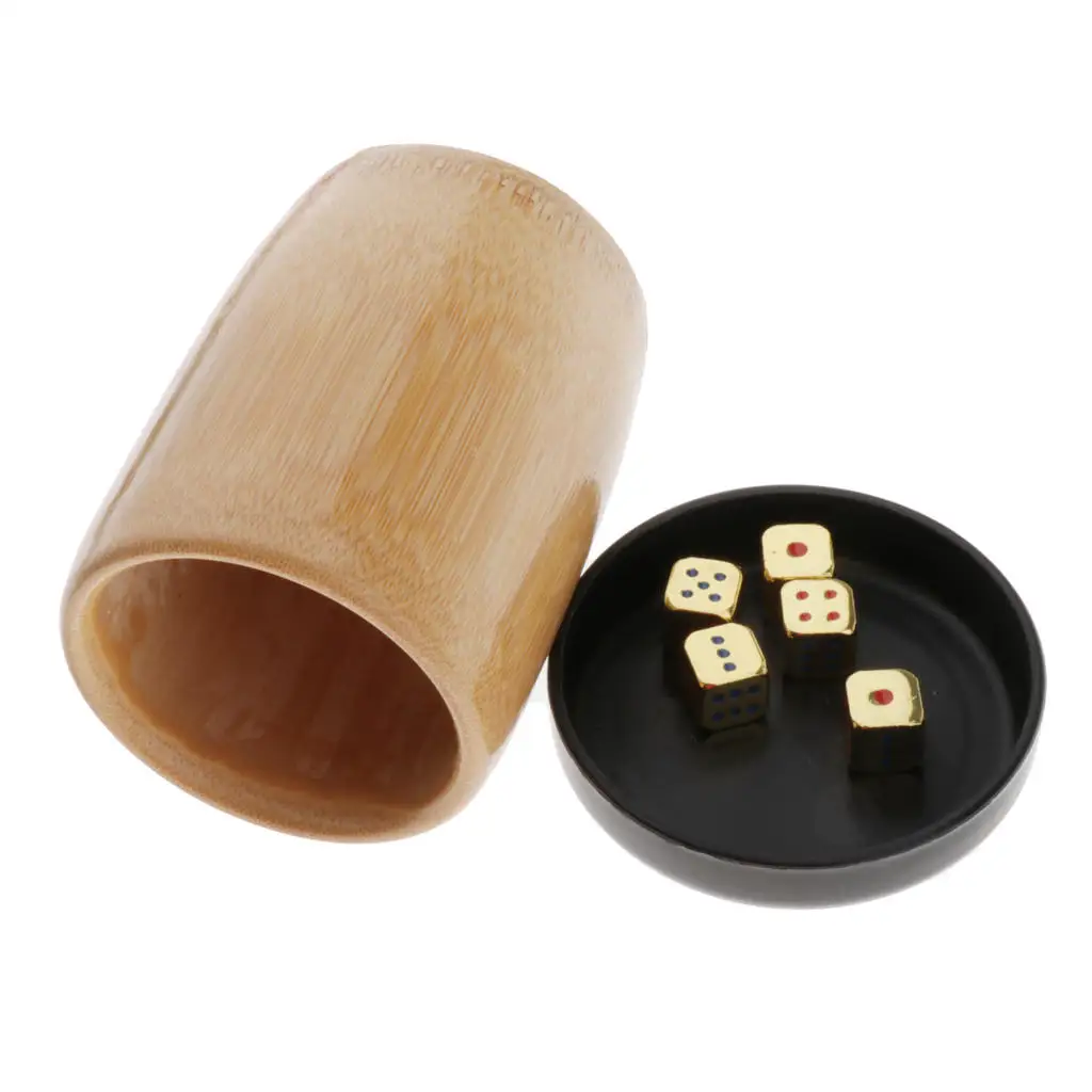 Professional Bamboo Wooden Dice Cup with 5Pcs 6 Sided Dice Dot Dices for Farkle Games