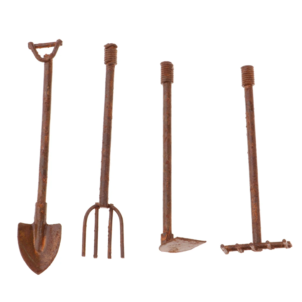 1/12 Dolls House Mini Gardening Spade Rake Shovel Hoe Set Home Garden Tools