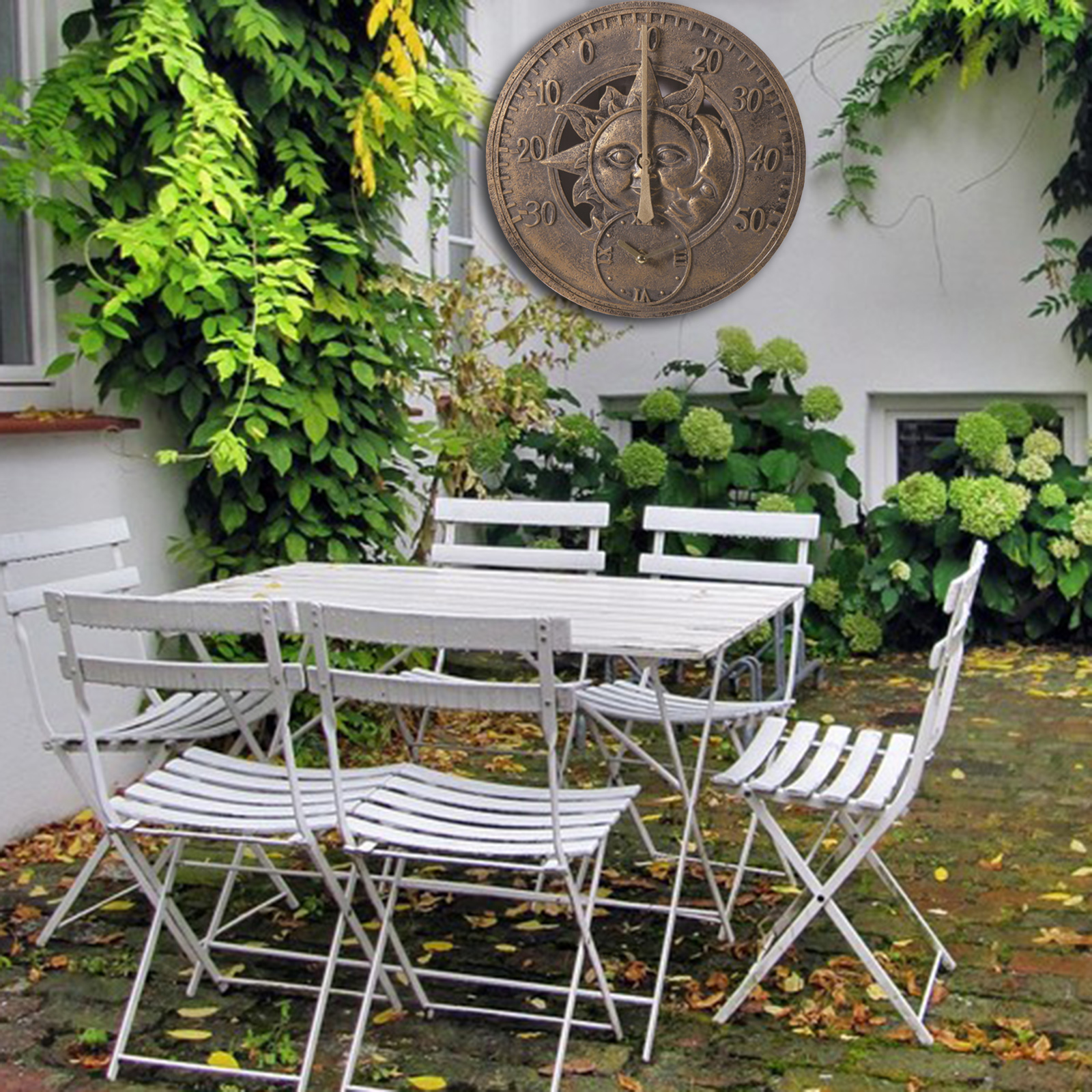 12'' Retro Resin Hanging Wall Clock Attached Thermometer Indoor or Outdoor Sun Moon Look Hotel Shops Cafe Garden Pond