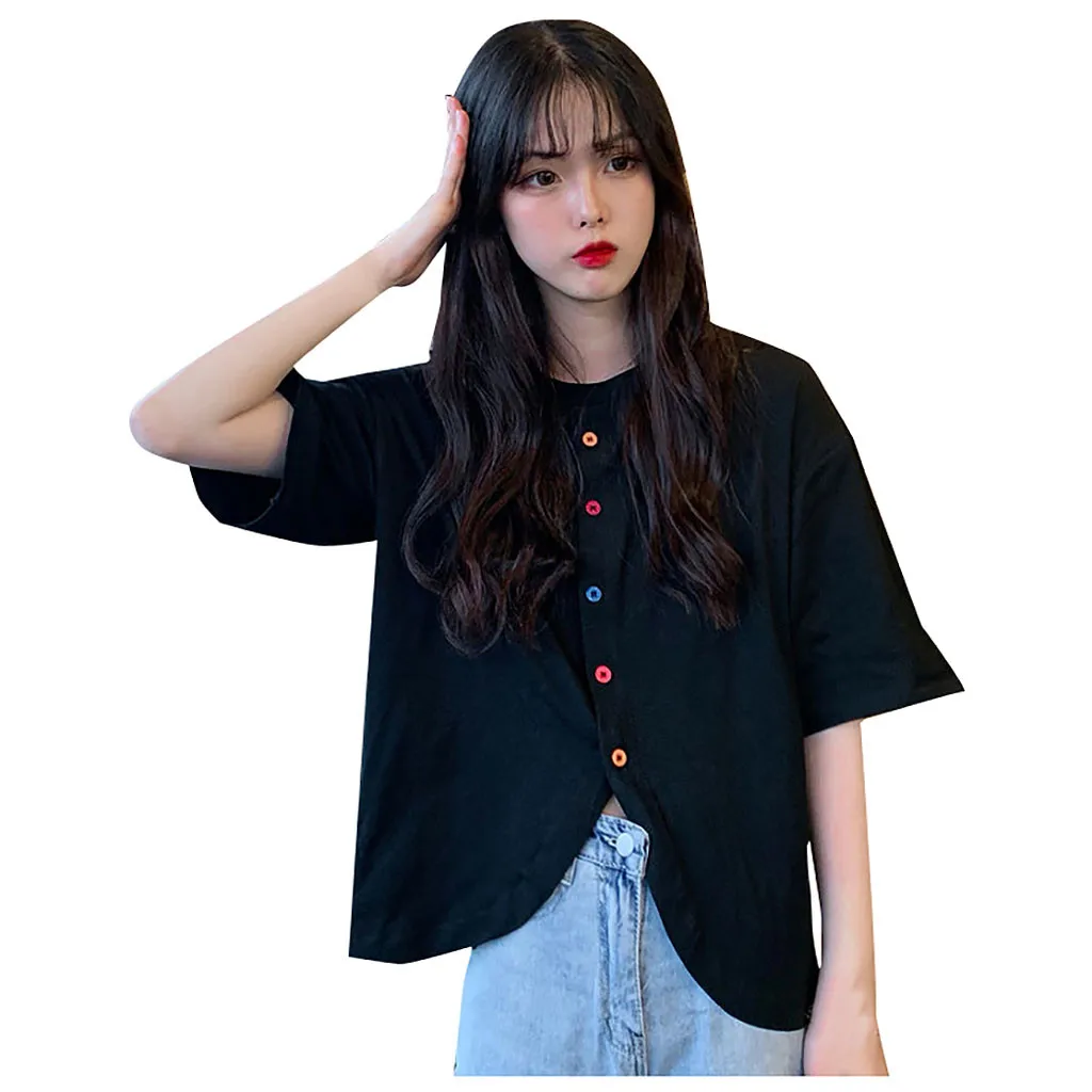 40#Women's Retro Blouses Loose Color Button O-neck Short Sleeve Shirt Irregular Spring Elegant Top Korean Sweet Blouse блузка womens shirts and blouses