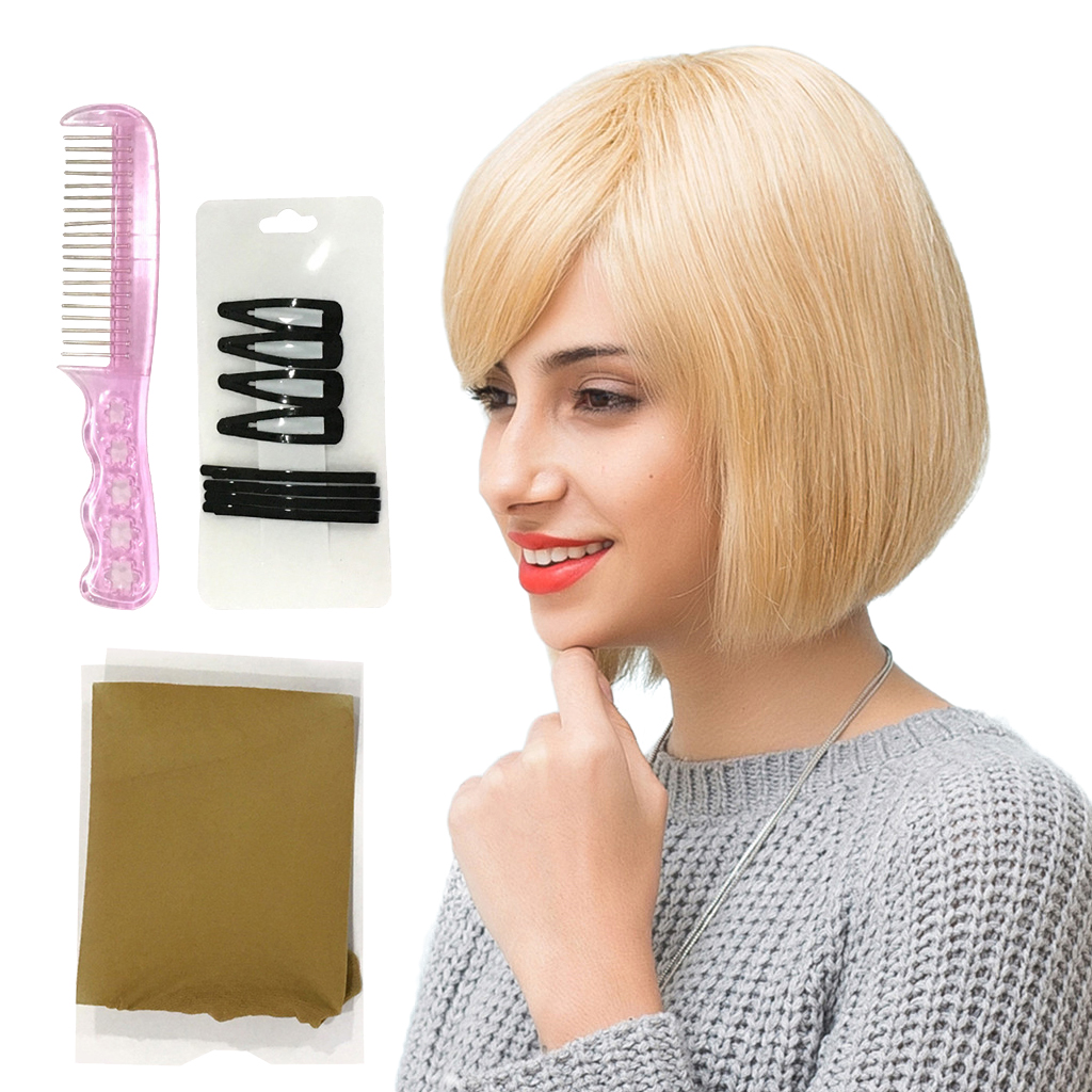 Blonde Side Part Women Short Straight Bob Wig with Bangs Human Hair Wig 14''
