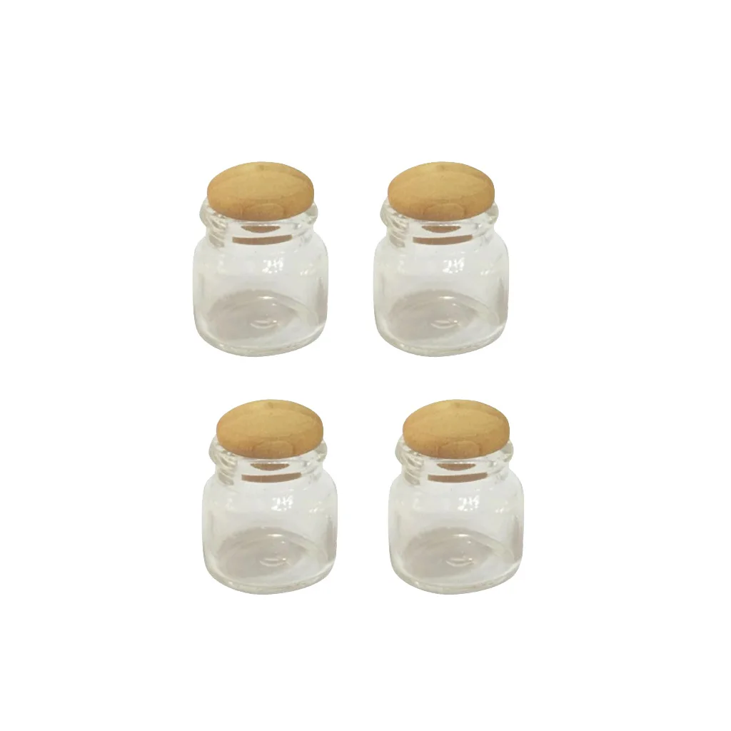 4p Glass Storage Jar Wooden Lid Dolls House Miniature Kitchen Accessory 1:12