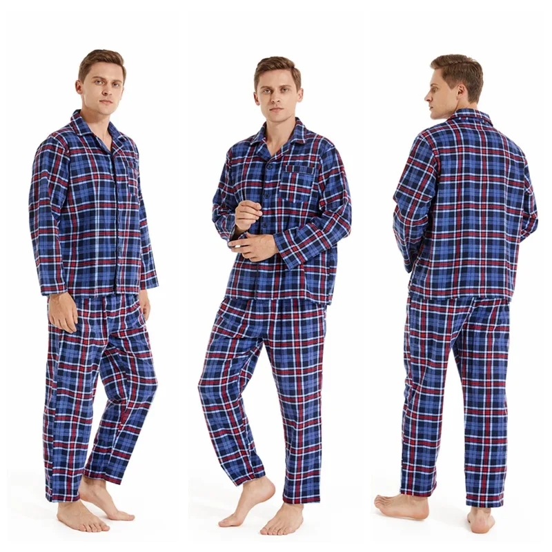 Plus Size S-7XL Pajamas Set 100% Cotton Pijama for Men 2 Pieces Lounge Sleepwear Pyjamas Plaid Autumn Bedgown Home Clothes PJS cheap pajama pants