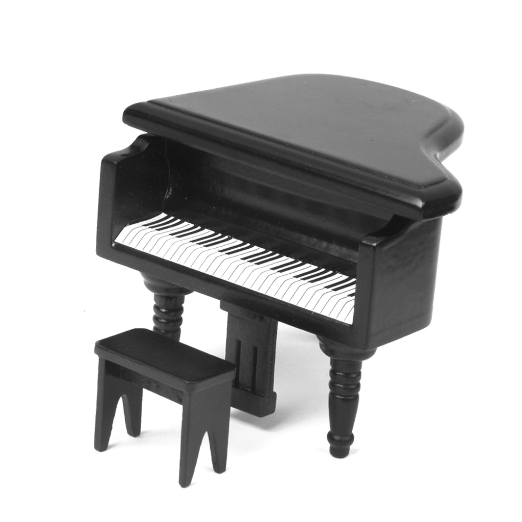12th Dolls House Mini Wooden Piano with Chair Room Garden Decoration Accessory