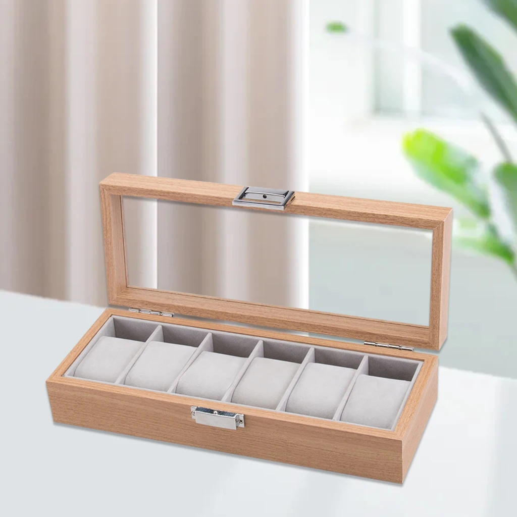 6 Slot Watch Display Case Wood Box Top Glass Jewelry Storage Organizer for Men Women