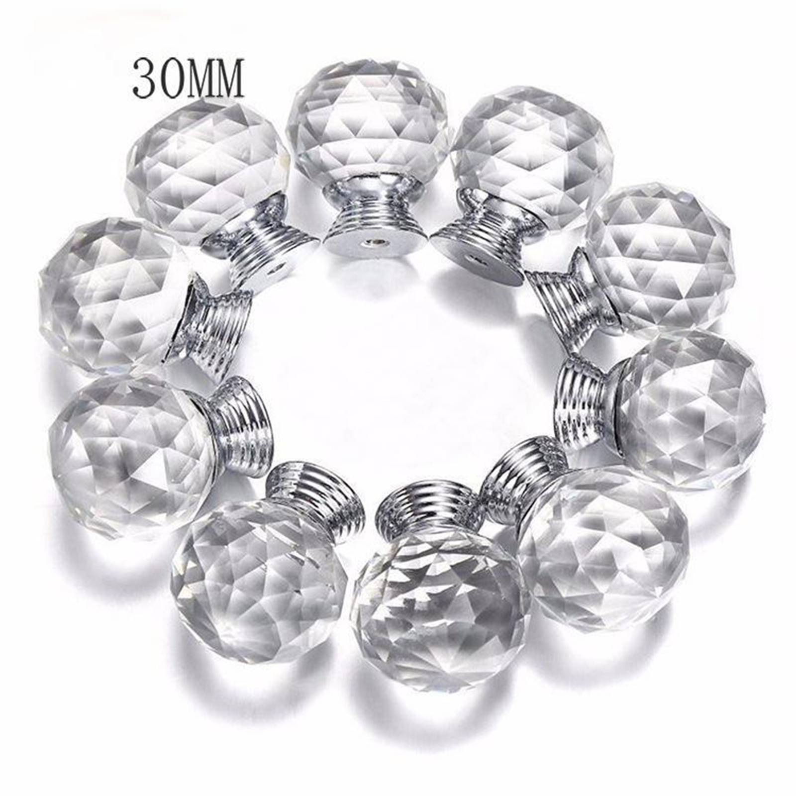 10Pcs 30MM Crystal Clear Cabinet Dresser Knobs Diamond Shape Drawer Door Chrome Glass Pull Handles for Kitchen Office DIY