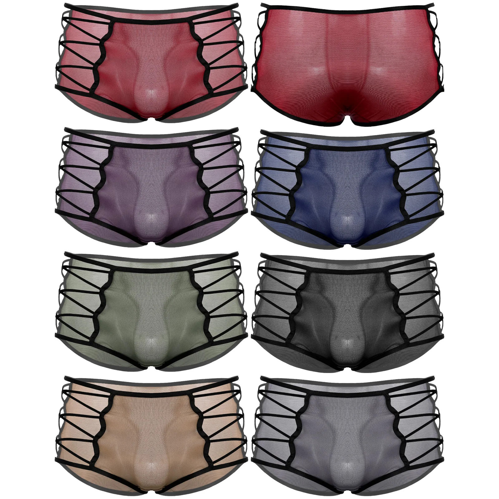 Sexy Mens Sissy Lingerie Semi-see Through Crisscross Side Briefs Hollow Out Silky Panties Mid Waist Elastic Waistband Underwear womens boxer shorts