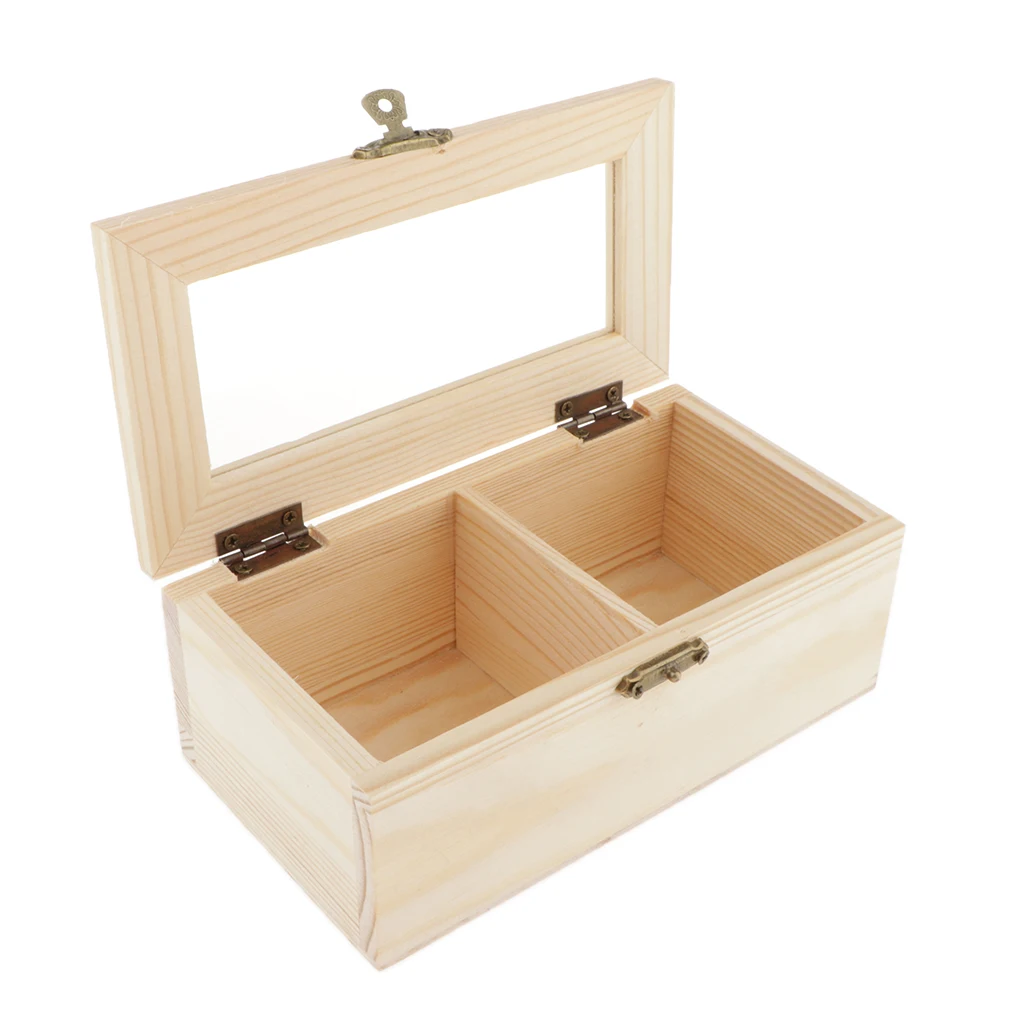 Unfinished Plain Wood Jewelry Box Tea Box Storage Box w/ 2 Compartments
