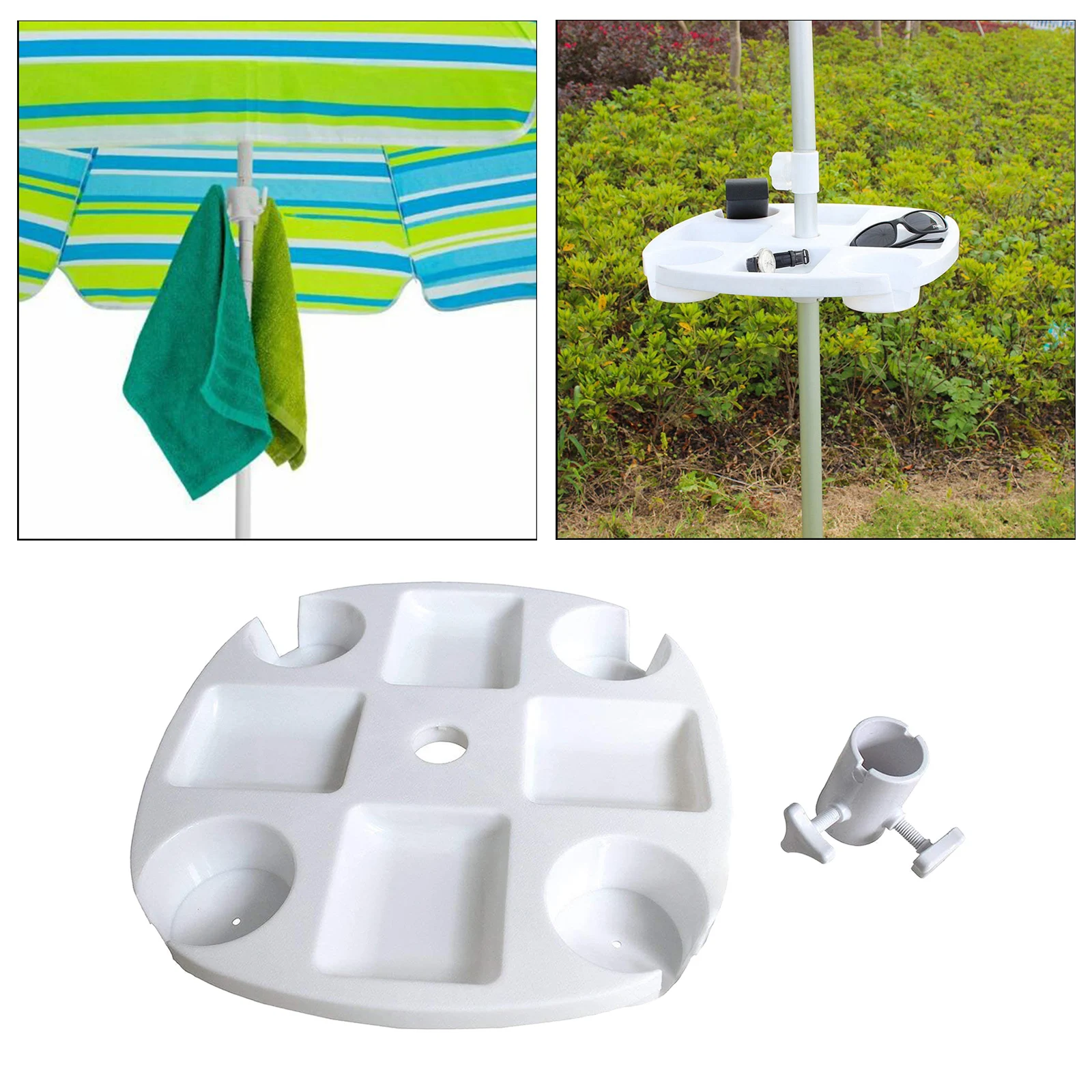 Outdoor Beach Umbrella Table Tray Snack Drink Holder with Towl Hats Hanging Hook for Beach Patio Garden White