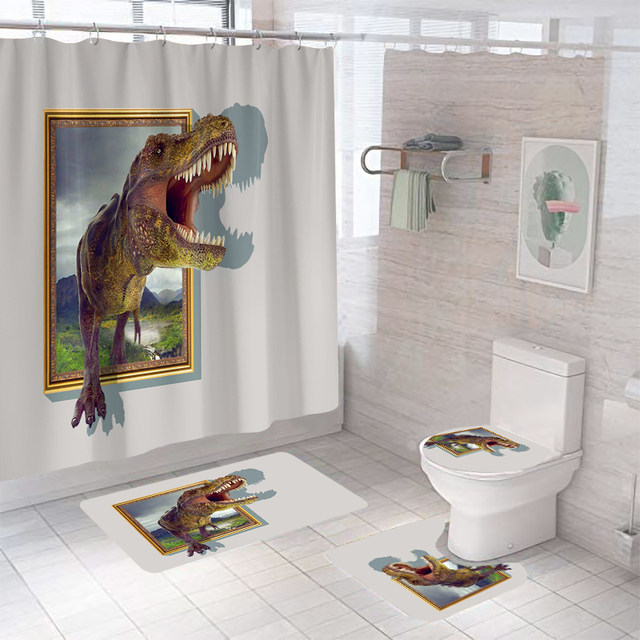 Bathroom Decor Dinosaur Waterproof Shower Curtain with 12 Hooks Set Toilet  Seat Cover Non-Slip Bath Mat Rug Polyester Washable