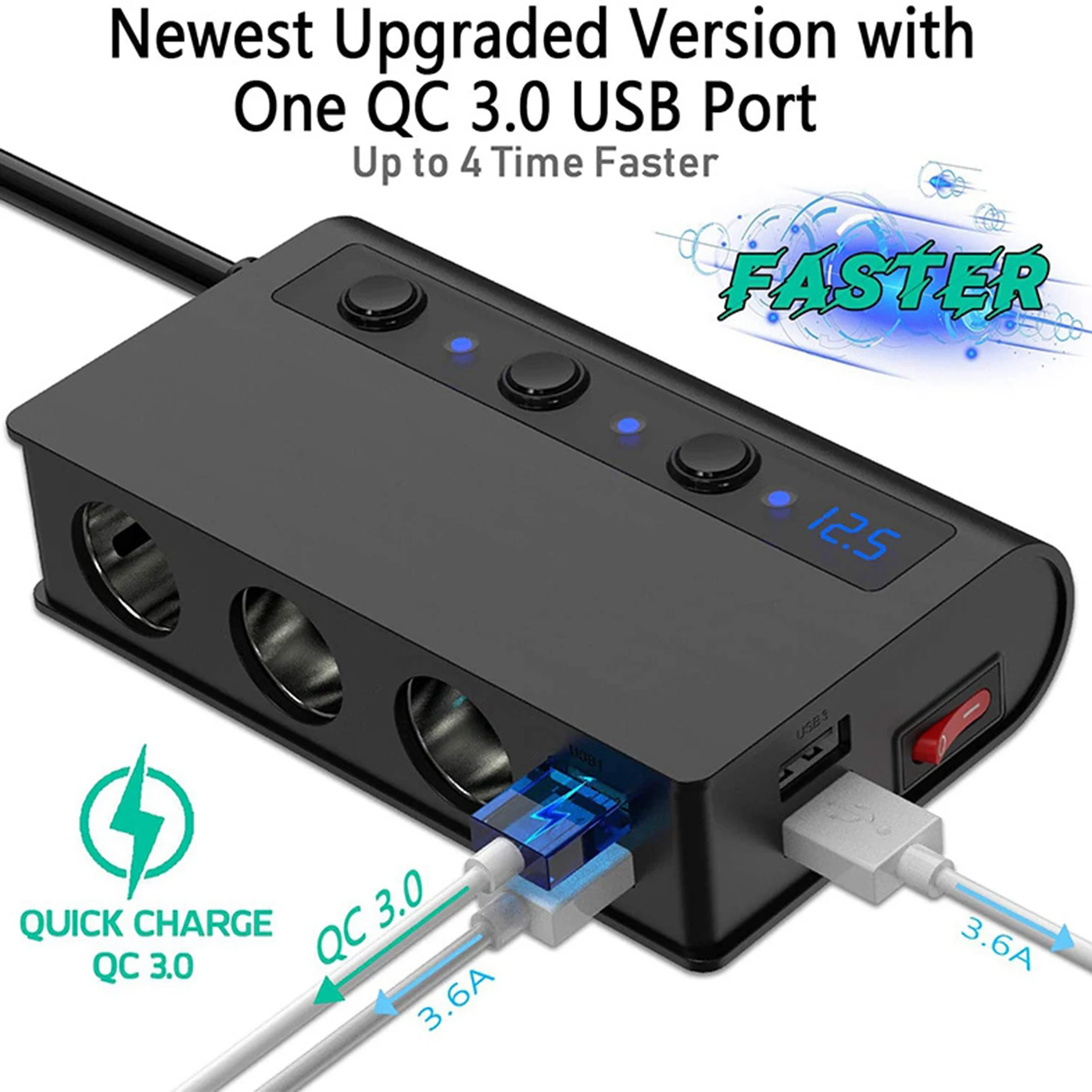 Quick Charge 3.0 Auto Cigarette Lighter Adapter 12V/24V 180W for GPS Dashcam