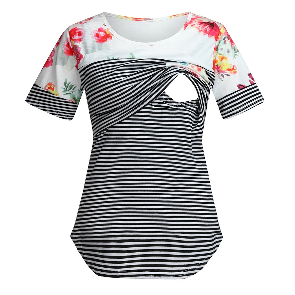 Camisa da Maternidade para Mulheres Roupas de Verão Camisas de Amamentação Roupas de Gravidez Outono Manga Curta Listra Enfermagem Superior Mais Tamanho 19 Cheap Blusas & Camisas