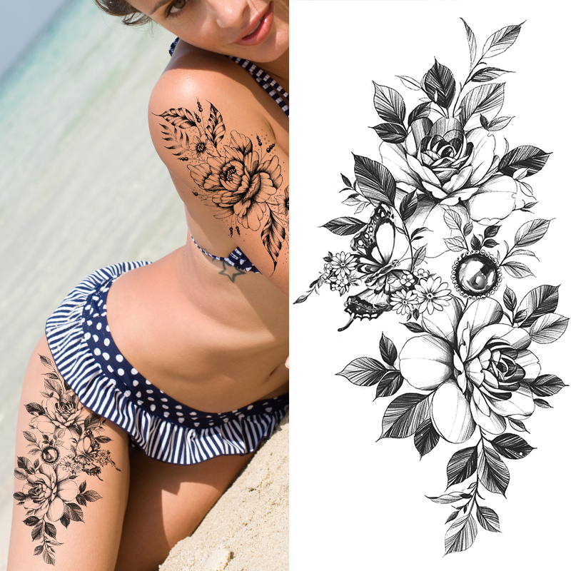 Best of Sexy Flower Temporary Tattoo Female Body Art Painting Arm Leg Tattoo Sticker Black Rose Waterproof Tattoo DIY Tattoo Sticker Reviews & Tips - Image 5