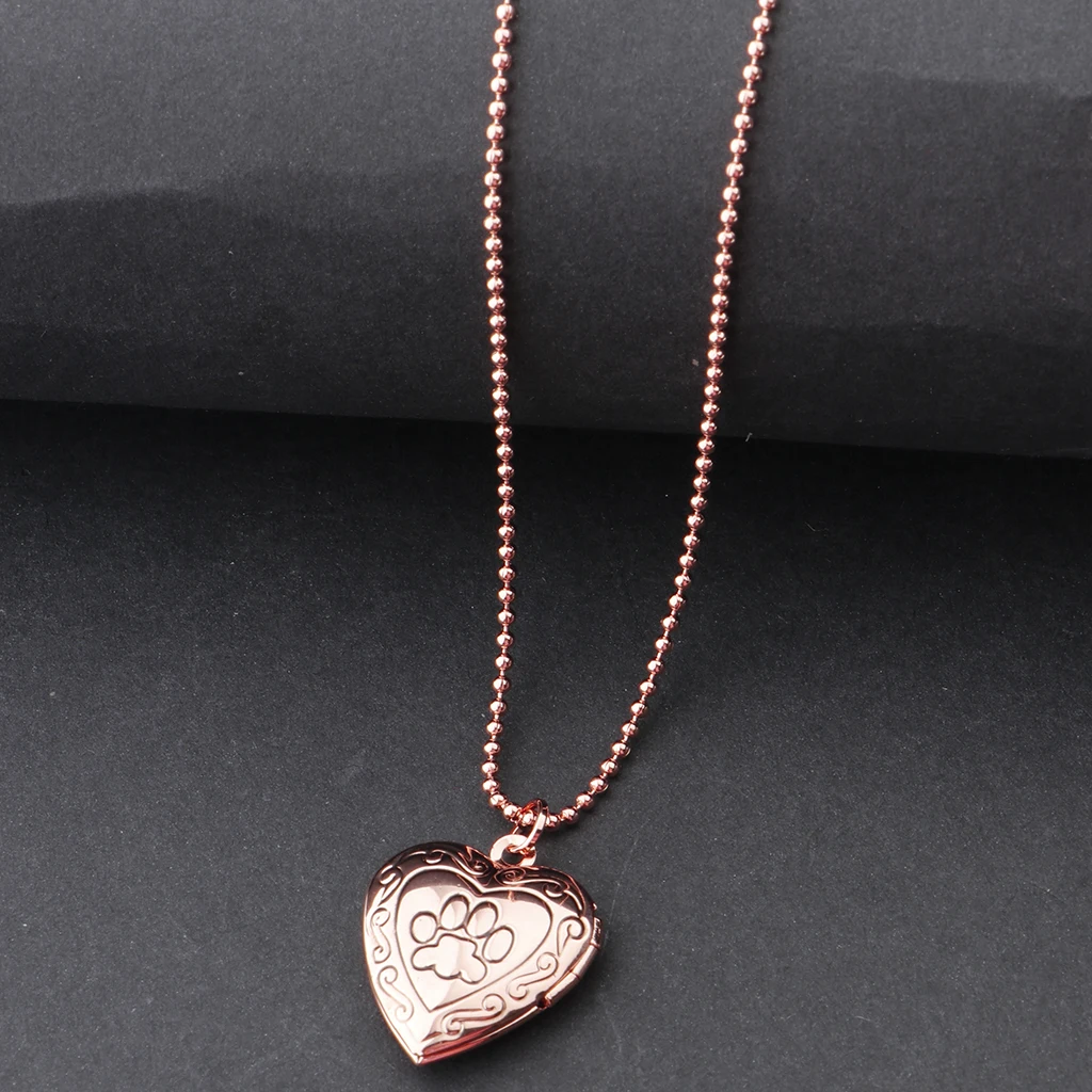 Antique Rose Gold/Gold Love Heart Charms Pendant Necklace Openable Photo Lockets Metal Brass Memorial Jewelry - Paw Print