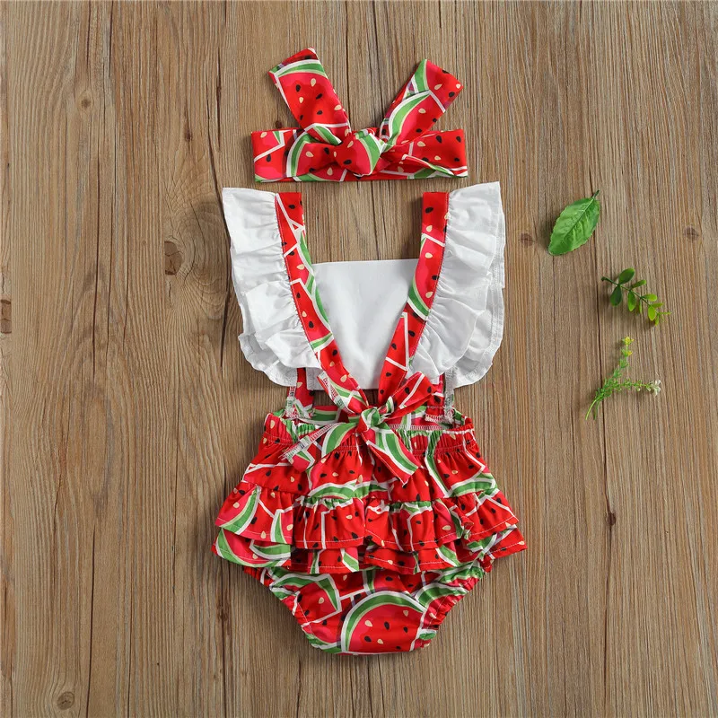 Toddler Girl Clothes Baby Fruit watermelon Printing Girl's Square Collar Flying Sleeve Rompers Headband Infant Clothing Set Baby Bodysuits are cool