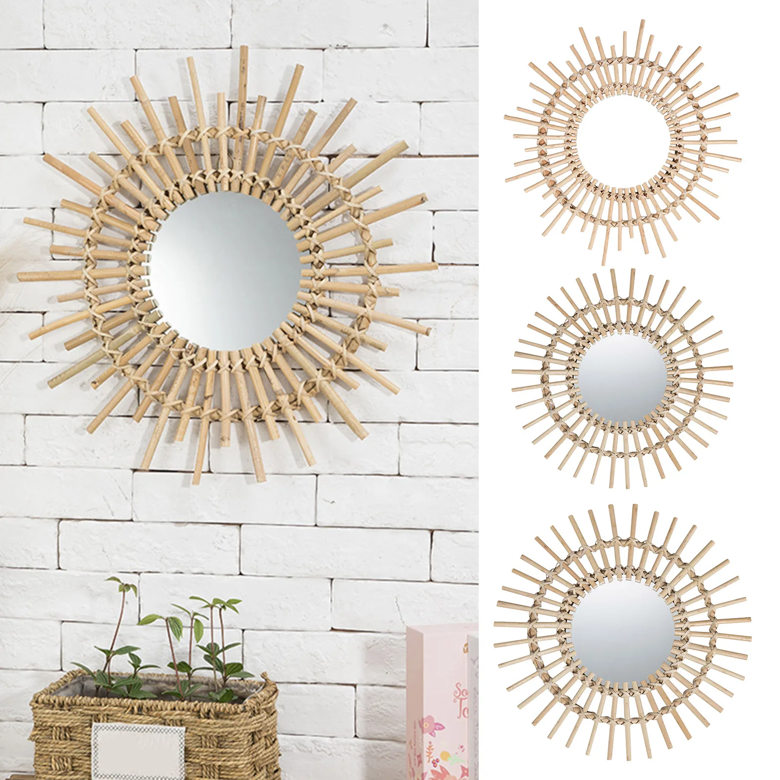 Rattan Innovative Art Decoration Round Makeup Mirror Dressing Bathroom Wall living room accent standing vintage home